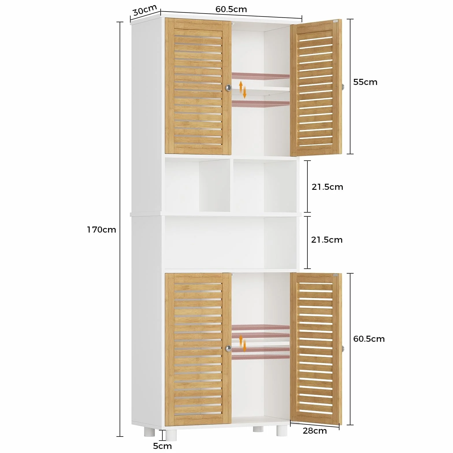 Meuble Colonne de Salle de Bain, Armoire Haute Cuisine avec 3 Étagères Réglables et Ouvertes, 4 Portes en Bambou, Meuble de Rangement pour Salon, Cuisine, Salle de Bain, 60x30x170 cm