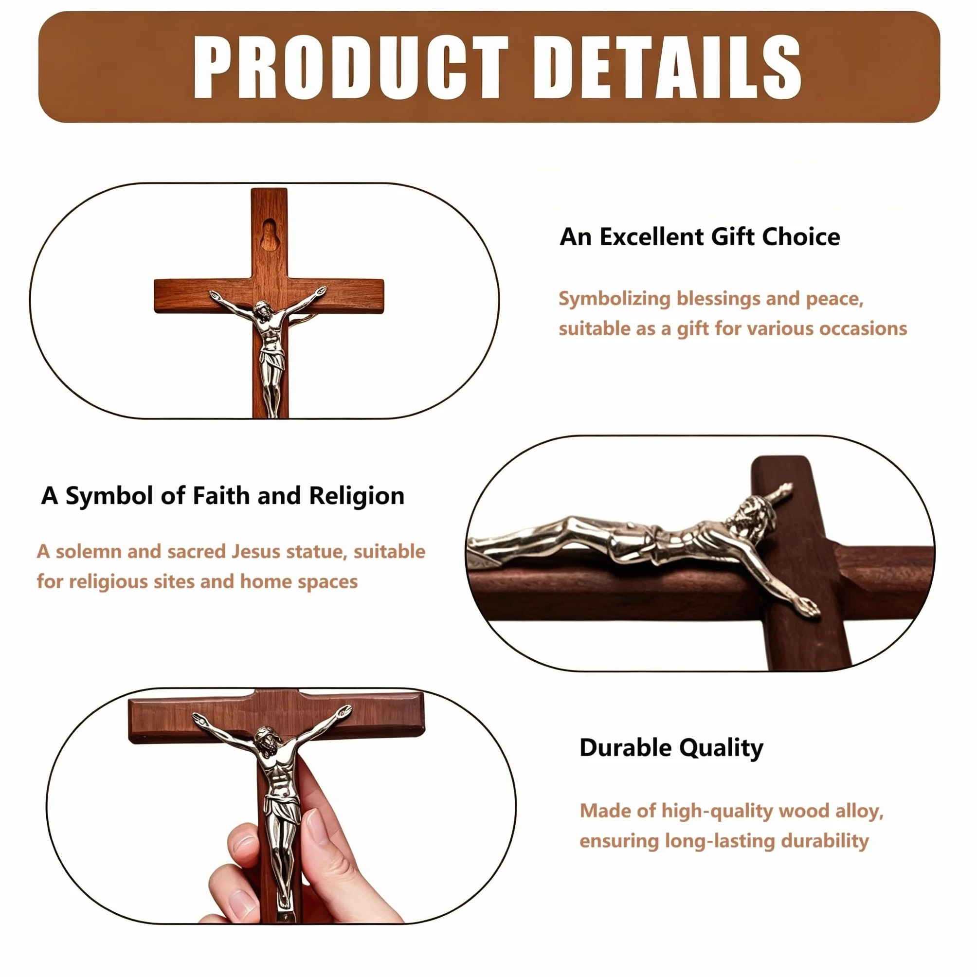 Crucifix mural en bois 20 × 11,5 cm croix catholique avec Jésus-Christ décoration chrétienne aspect platine