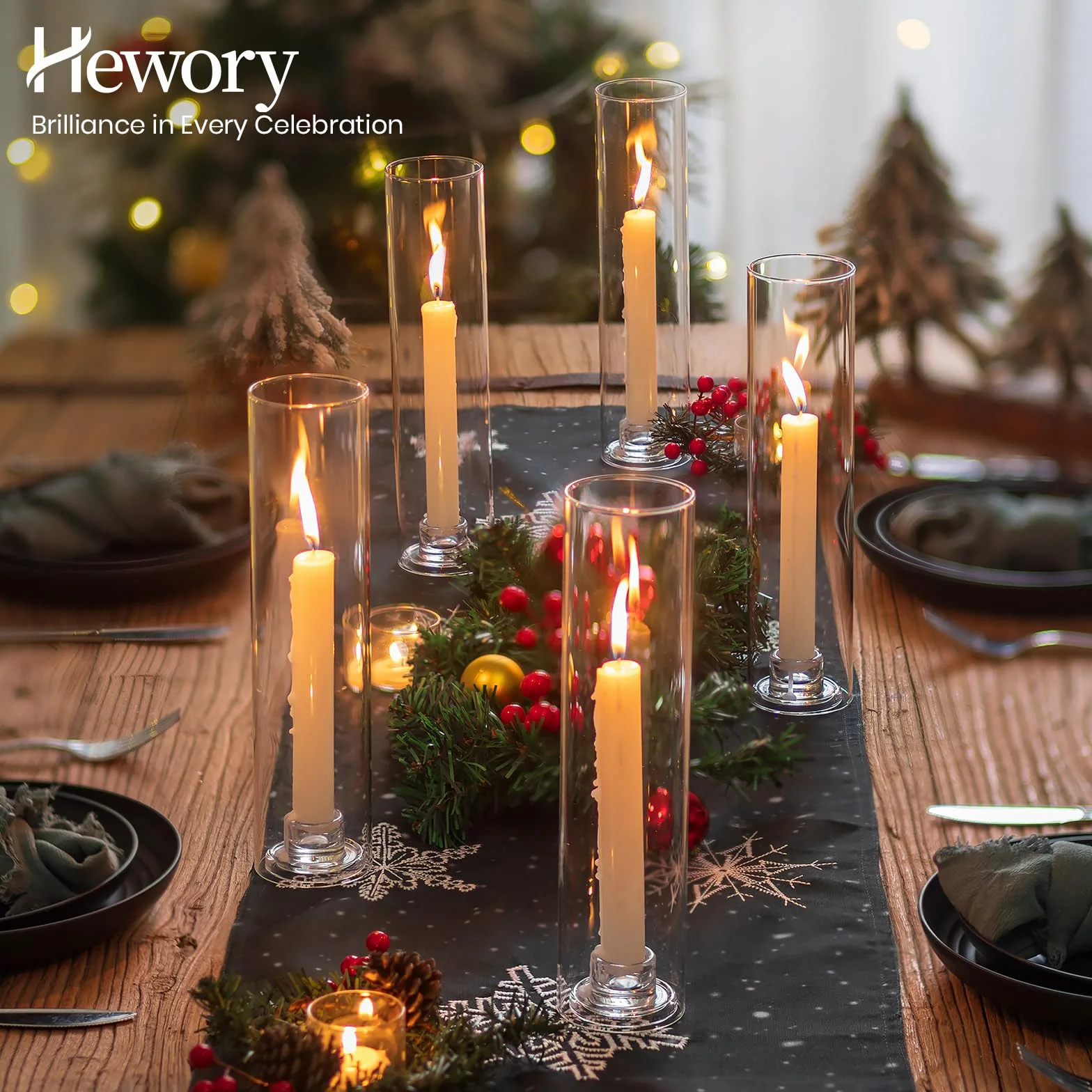 Hewory Bougeoirs en verre à ouragan : Ensemble de 6 supports à bougies transparents pour pièces maîtresses de table de mariage, grands bougeoirs pour décoration de Noël, fête en plein air