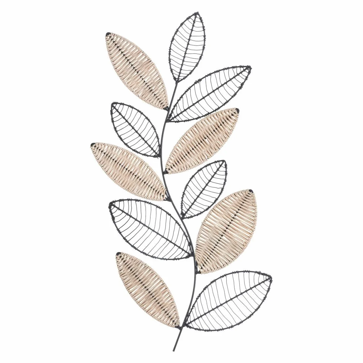 Atmosphera Décoration Murale Feuille Aurore Noir et Naturel 56 x 29 cm Métal Rotin Tressé