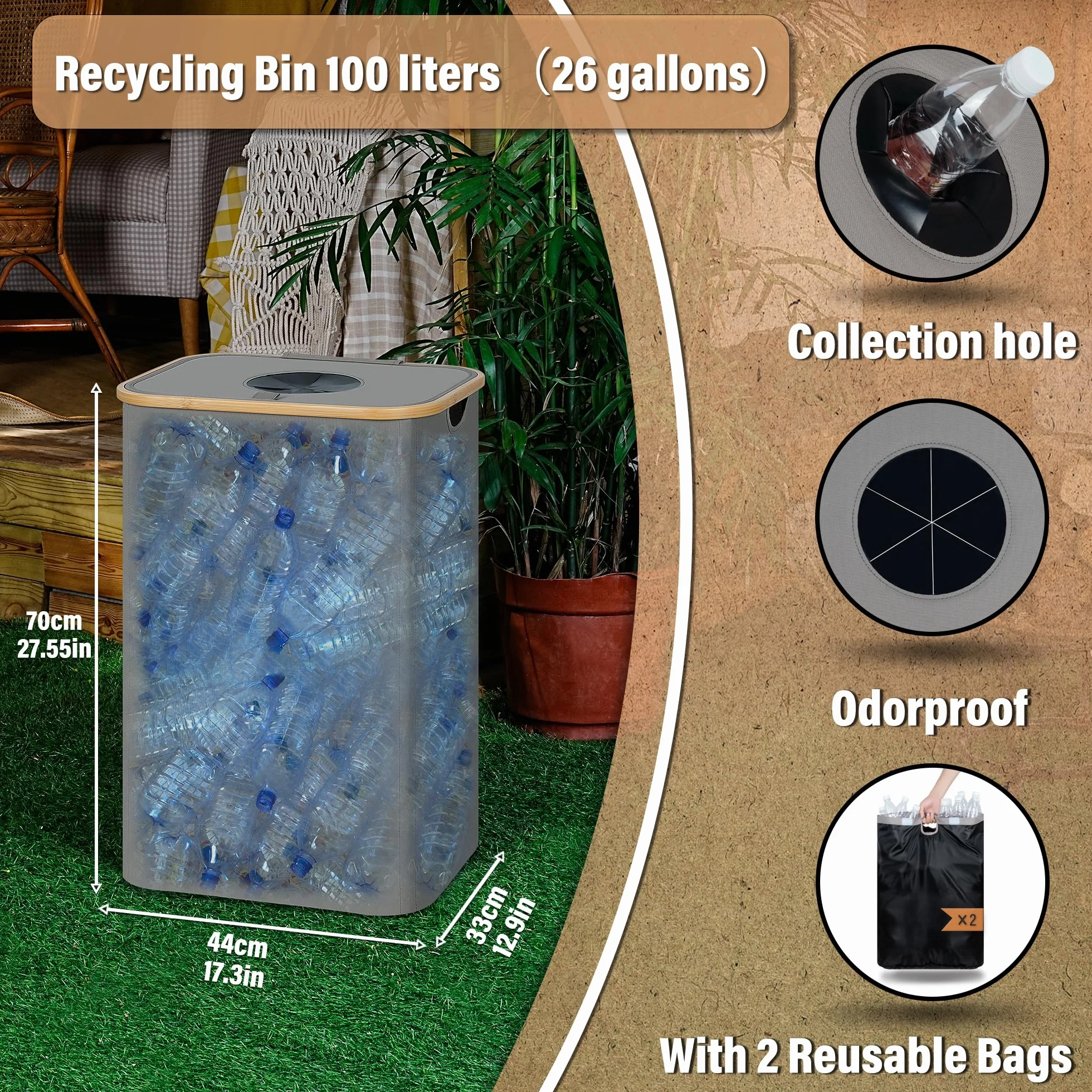 Poubelle de Recyclage 100L avec Couvercle, Collecteur de Bouteilles Consignées avec Deux Sacs de Transport