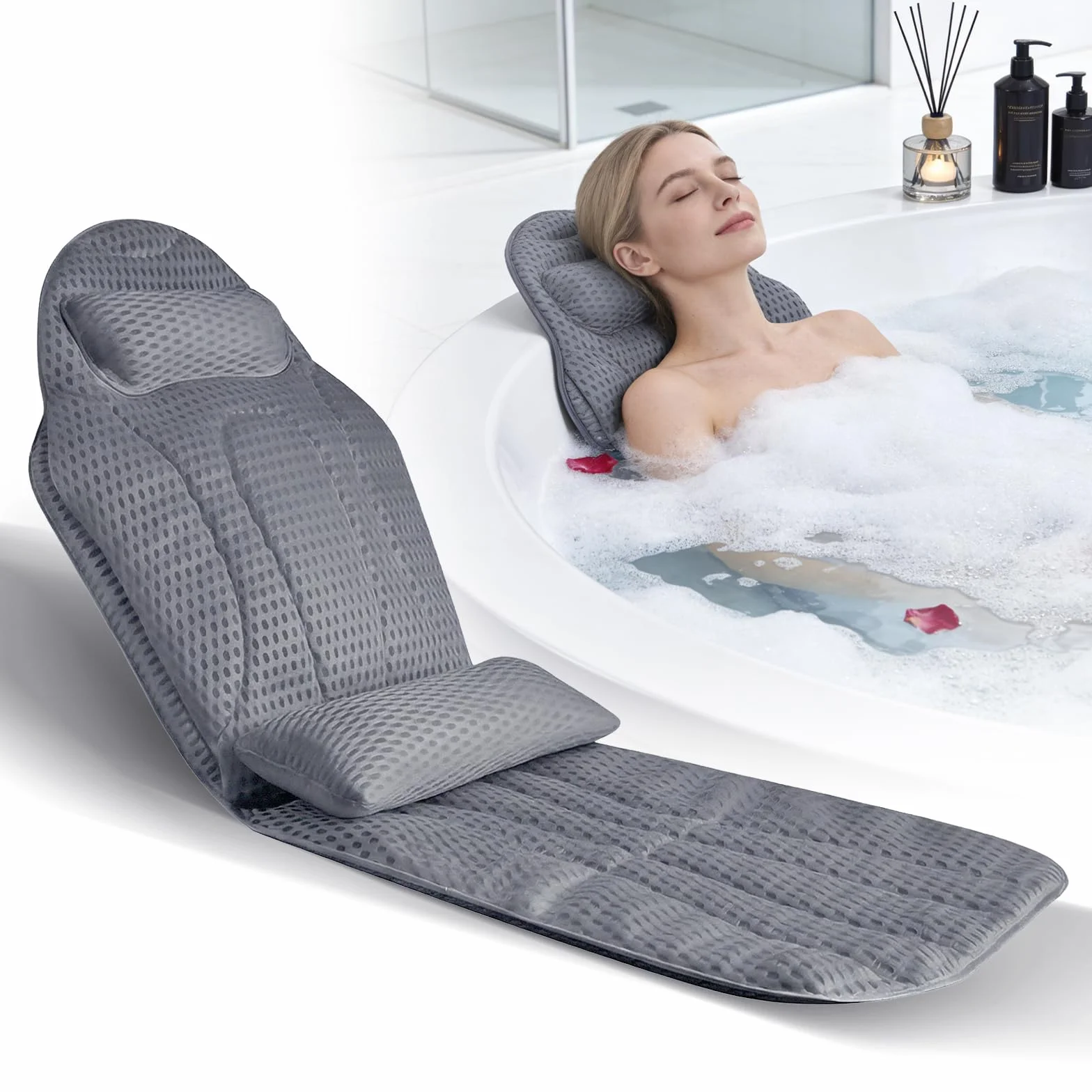 Coussin de bain Full Body avec coussin lombaire - Canapé de bain en maille 5D douce - Avec ventouses et appui-tête - 142 x 48 cm - Gris