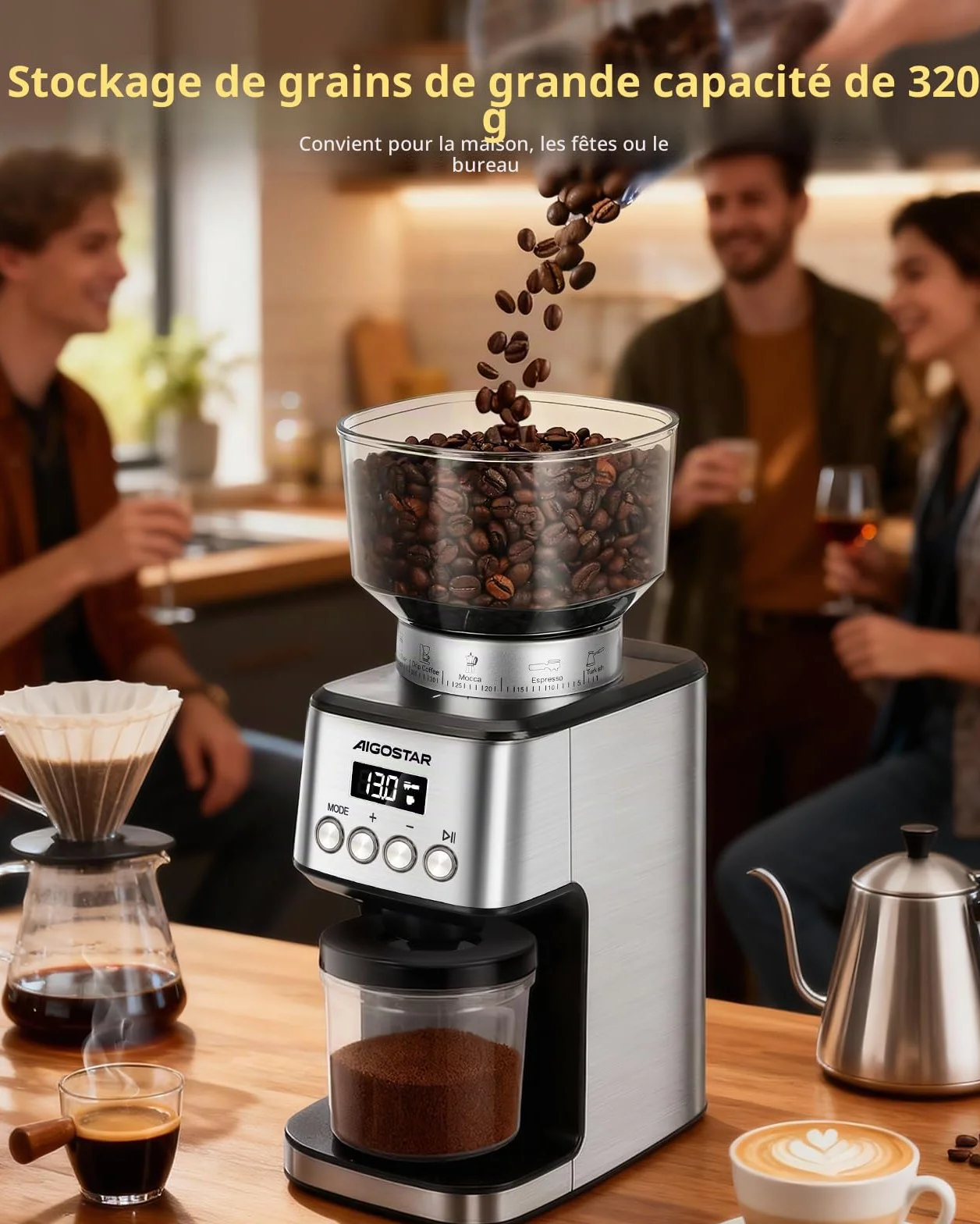 Aigostar Moulin à Café Electrique Conique, 52 Réglages de Meulage, Coffee Grinder Electrique Pour Expresso, Broyeur Cafe Grain Professionnelle Avec Affichage Numérique Précis, Acier Inoxydable, Argent