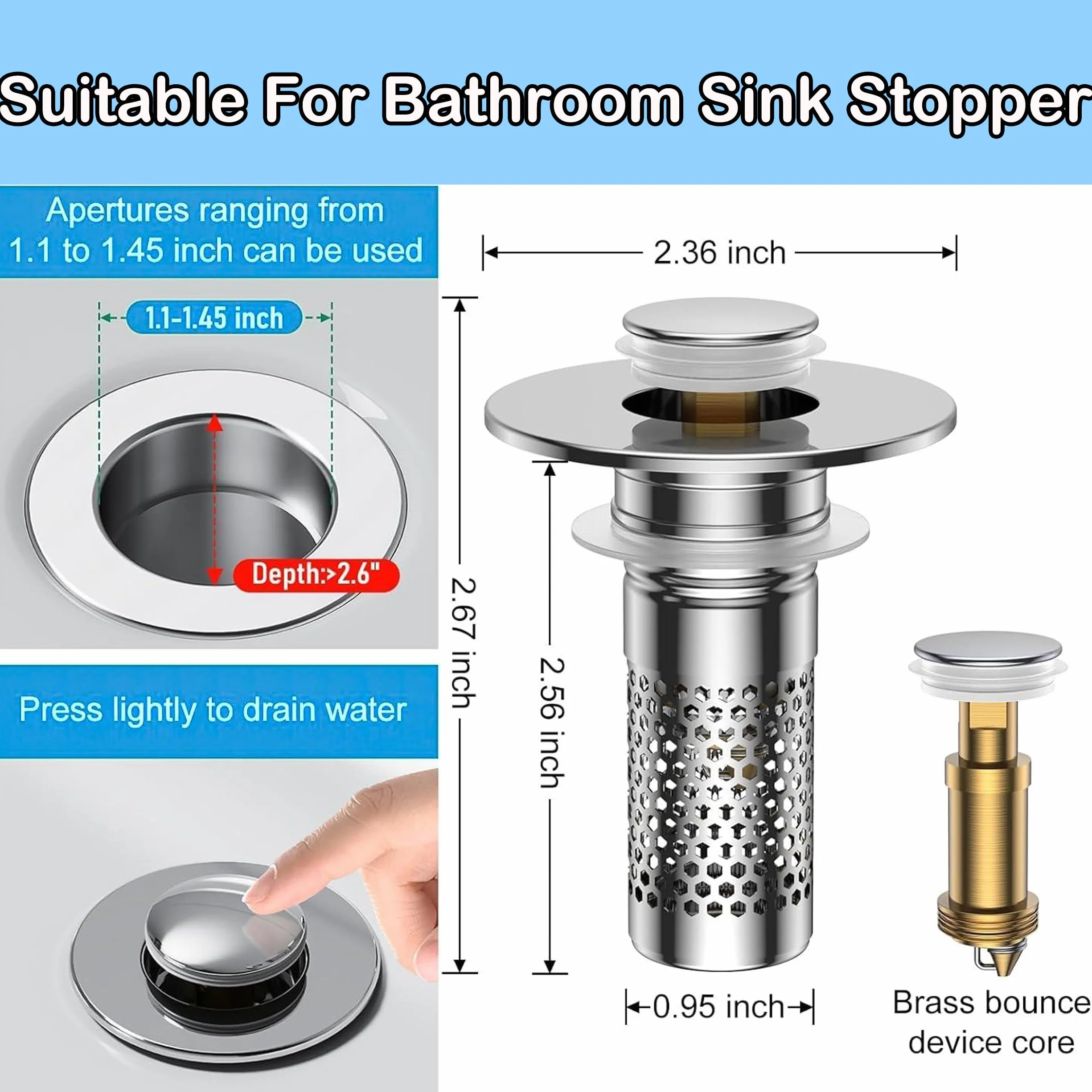 Bonde de Lavabo Clic Clac Universel 33-40 mm Acier Inoxydable Anti-Odeur Lot de 2