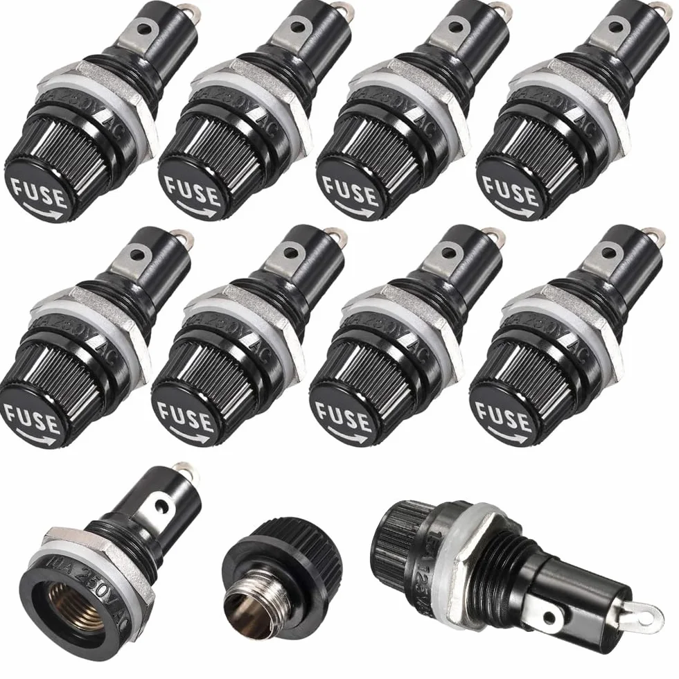 Gebildet 10sztuk 5 x 20mm Uchwyt Bezpiecznika AC 10A 250V Czarny uchwyt Bezpiecznika z Zakrętką Srubową Montowany na panelu