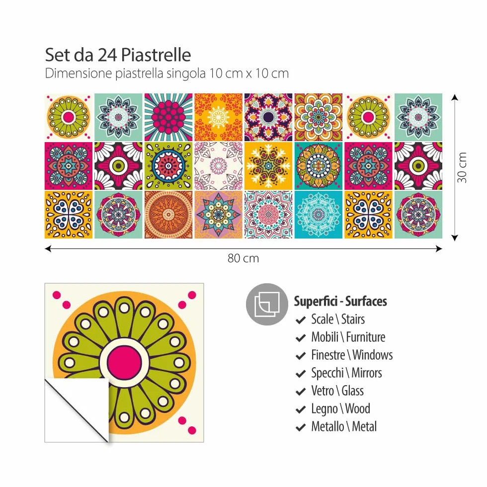 Stickers Carrelage Cuisine et Bain PVC Imperméables Anti-rayures Autocollants Mur Peel and Stick 24 Pcs 10x10 cm Made in Italy