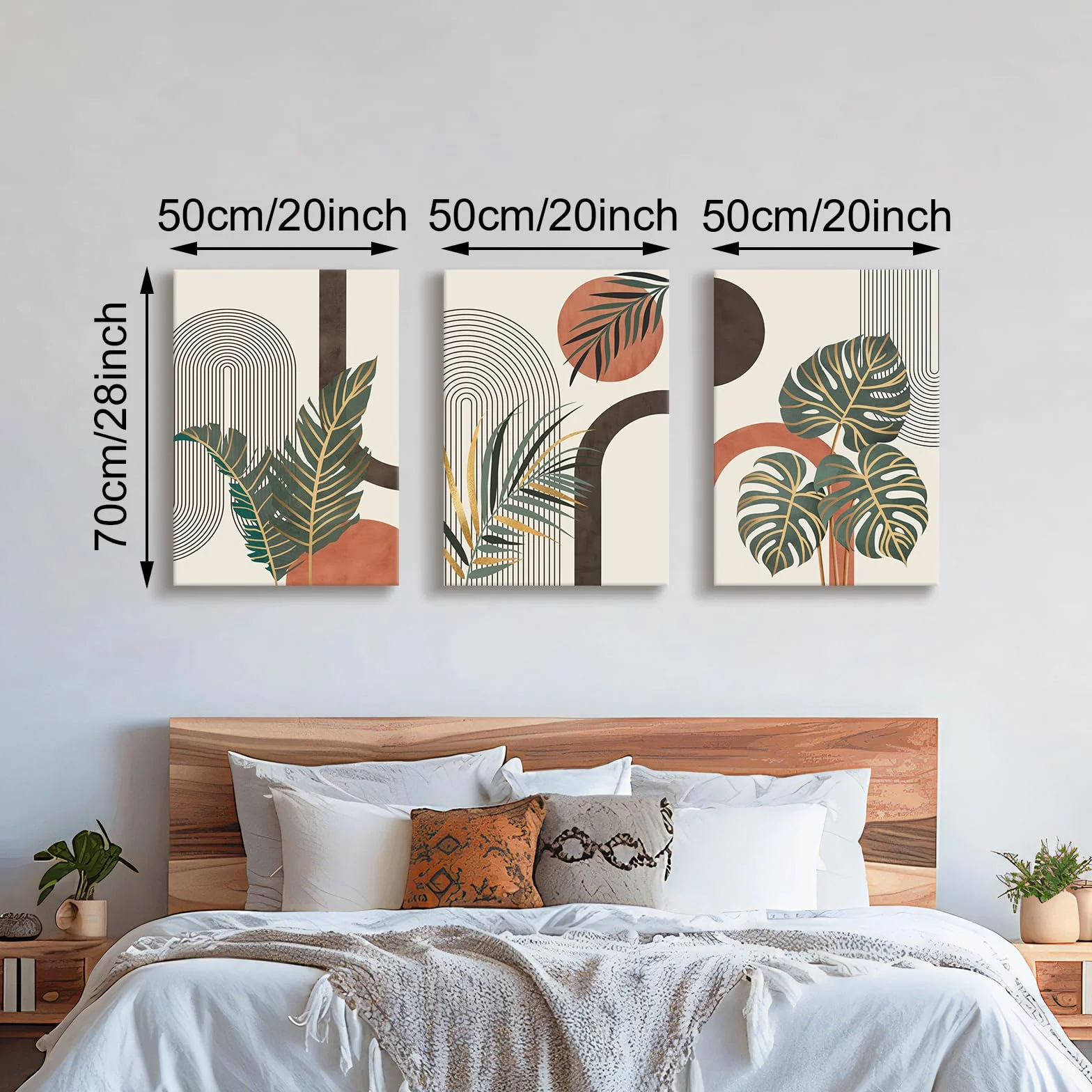 3PCS Feuilles Botaniques Orange Nordique Tableau Décoration Murale Salon,Ligne géométrique du milieu du siècle Impression sur Toile Boho Peintures sur Toile Décor Murale pour Chambre Maison 50x70cmx3