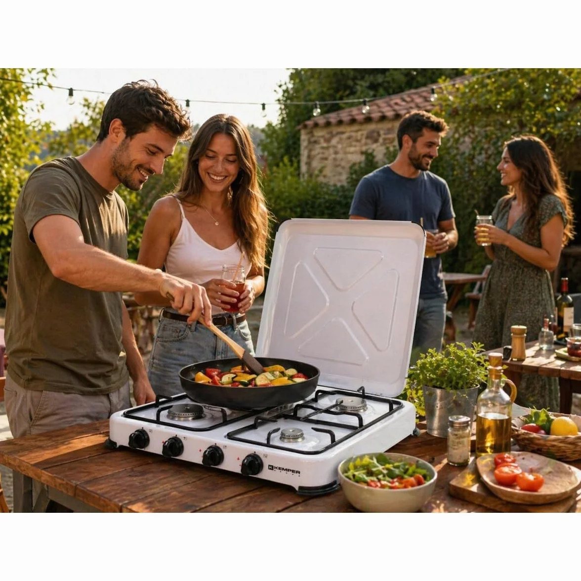 KEMPER - Plaque de cuisson gaz portable 4 feux - Réchaud gaz 4650W Blanc Couvercle et grilles amovibles Ideal Camping, Balcon, Cuisine Exterieure