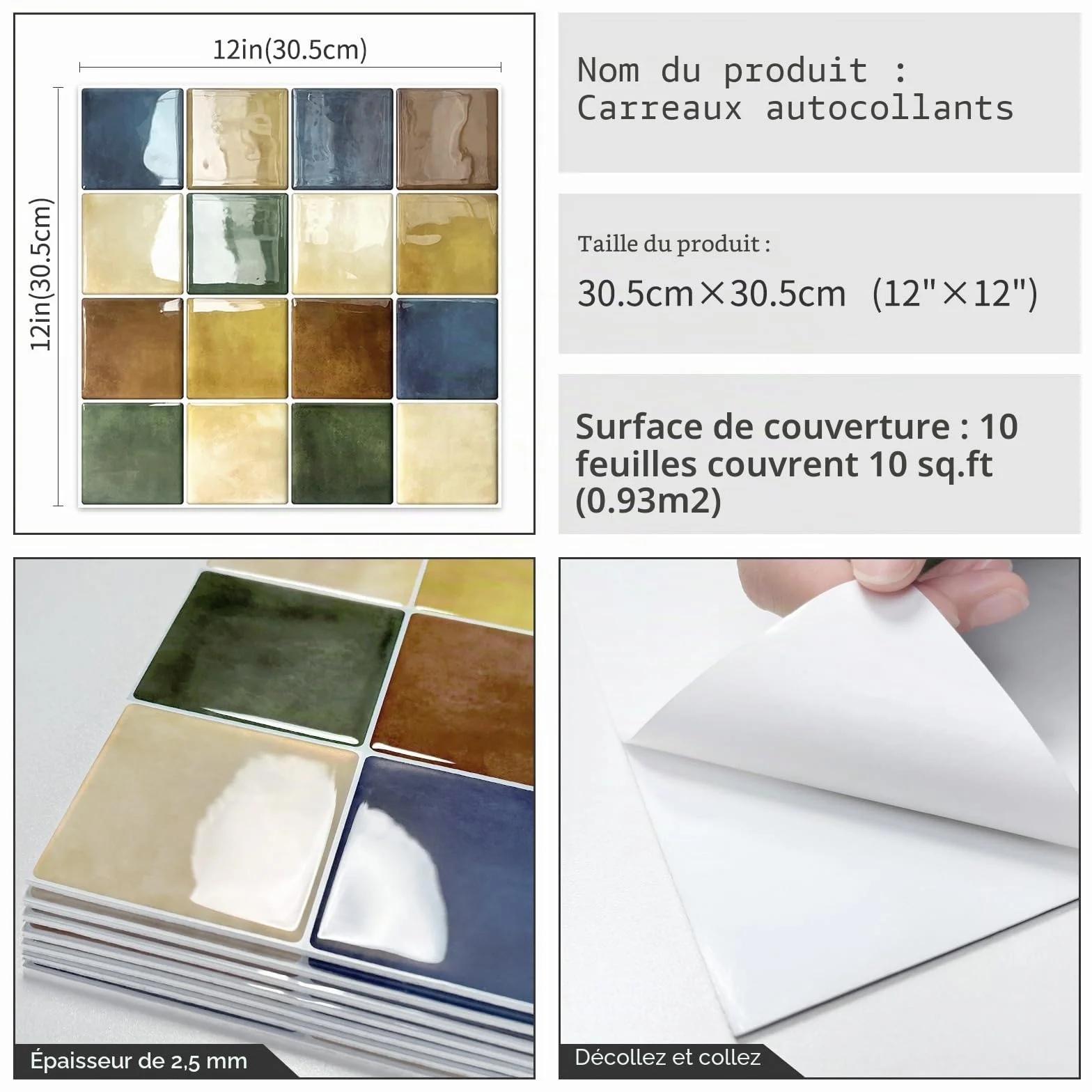 Adhésif Carrelage Mosaïque Autocollant 30.5x30.5 cm Multicolore Cuisine Salle de Bain 10 Pièces