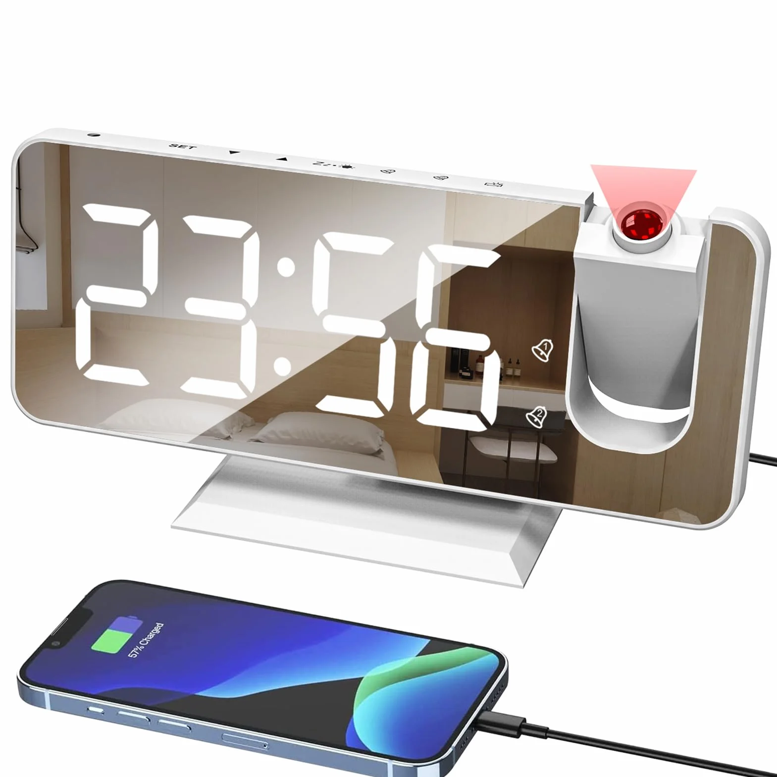 Réveil Projection Plafond Mur Alarme Double Snooze 12/24 H Charge USB Affichage LED Miroir 4 Niveaux Lumière Intensité Variable Blanc