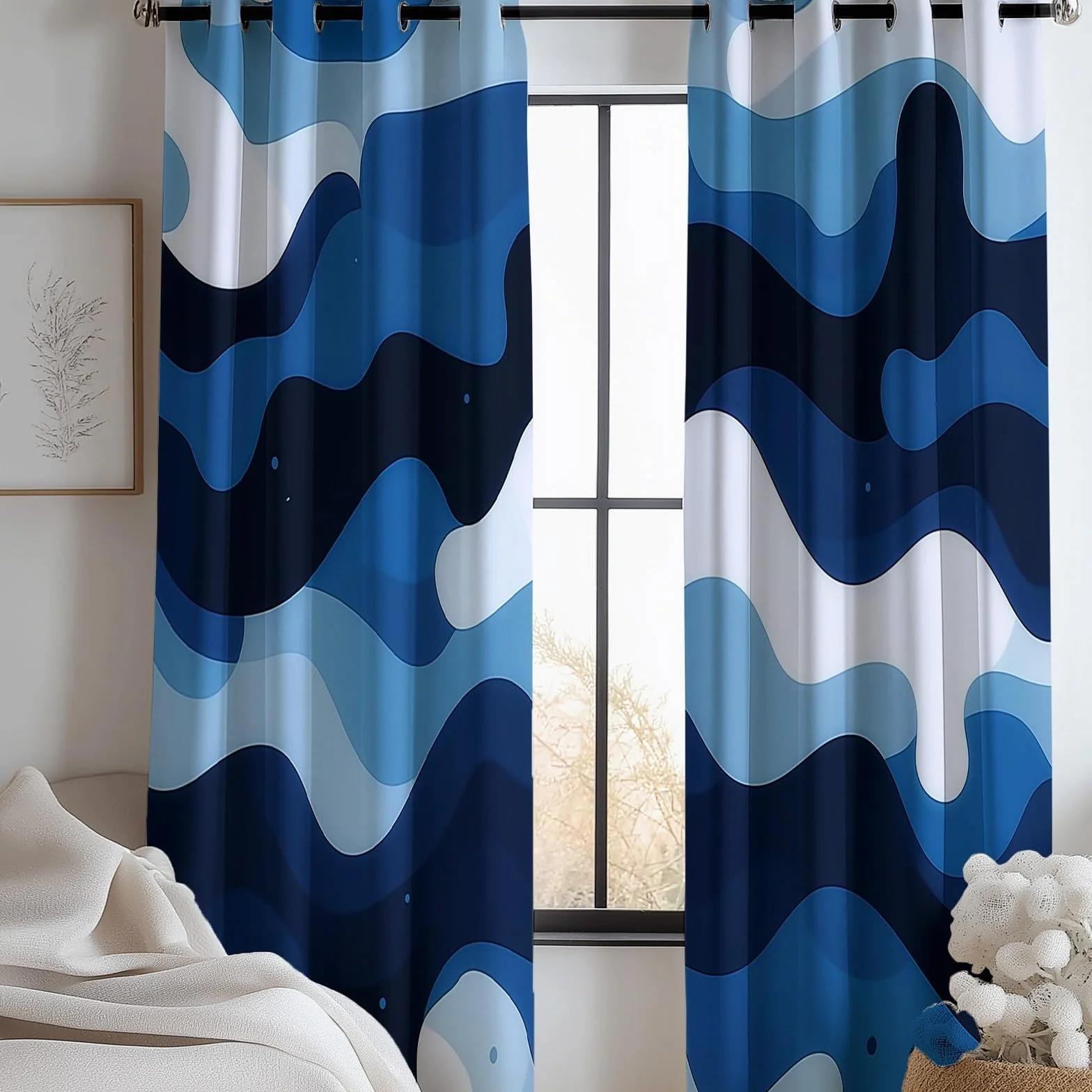 Rideaux Longs Occultants 140x260 cm 2 Panneaux Camouflage Moderne Blanc Bleu