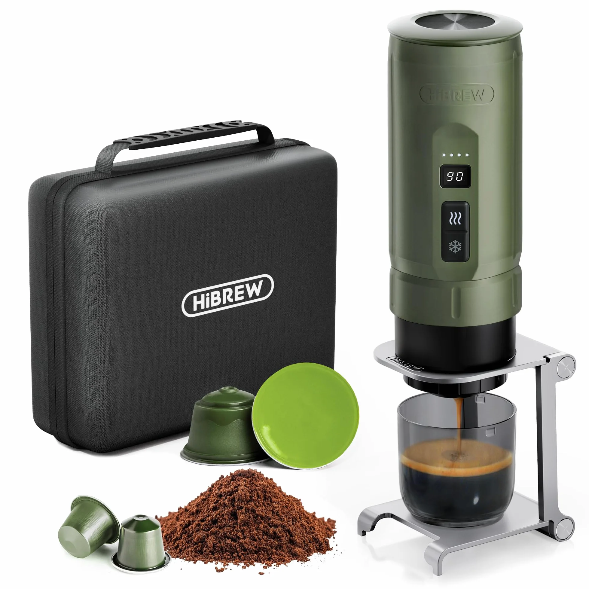 HIBREW H4C Explorer – Cafetière Espresso Électrique Portable, Machine à Café Rechargeable USB-C pour Camping et Voyages, Compacte pour Capsules et Café Moulu, avec Support Pliable et Étui de Transport