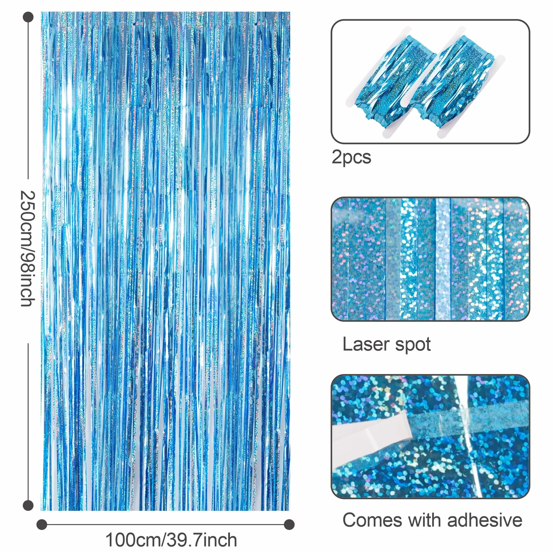 Lot de 2 rideaux à franges en feuille d'aluminium bleu pailleté pour fête, mariage, décoration de cérémonie