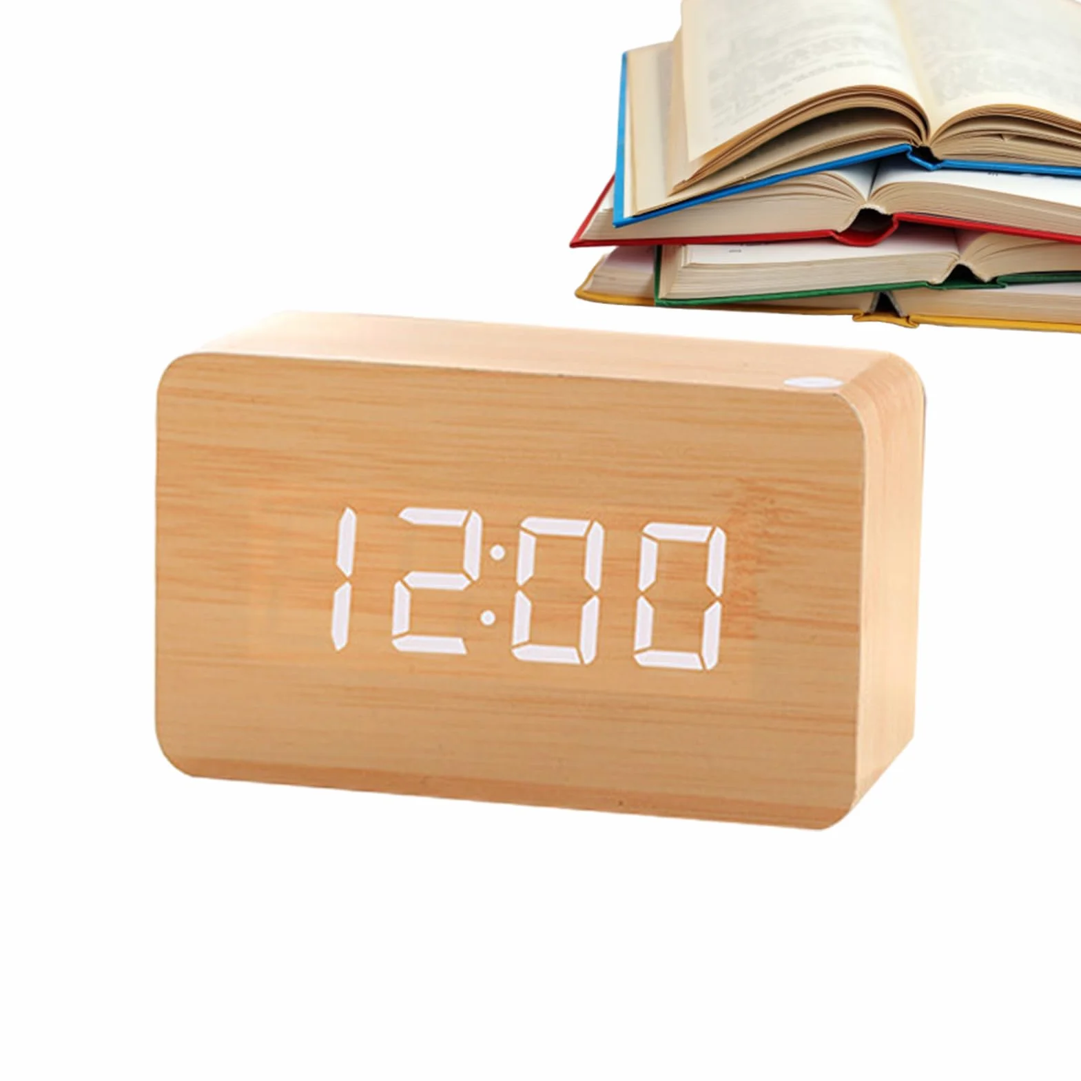 Réveil Numérique en Bois avec LED Intelligente Luminosité Réglable Commande Sonore