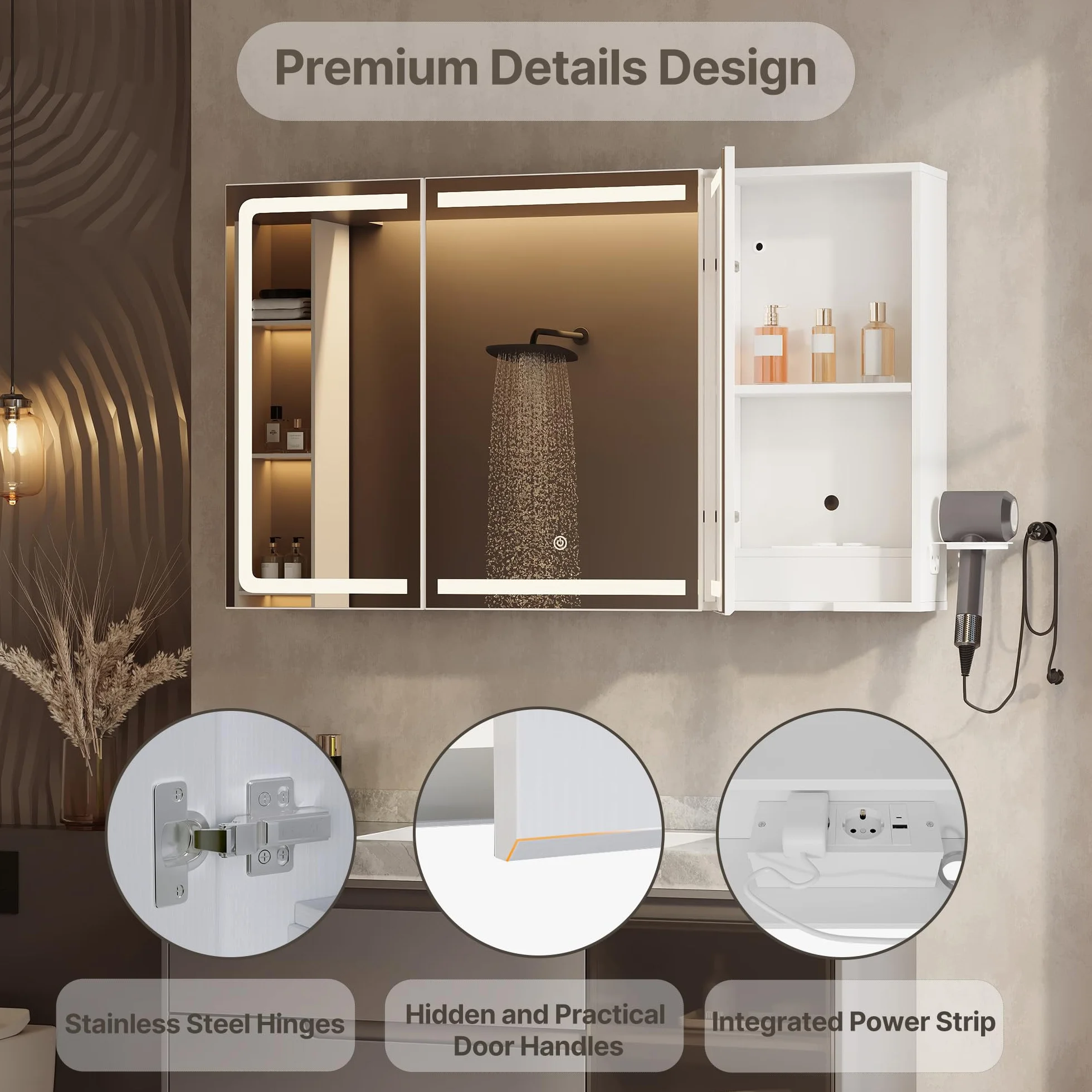 Xbro Armoire de Salle de Bain avec éclairage LED 100 × 16 × 60 cm avec Prise, étagère latérale, Portes Miroir réglables, Blanc