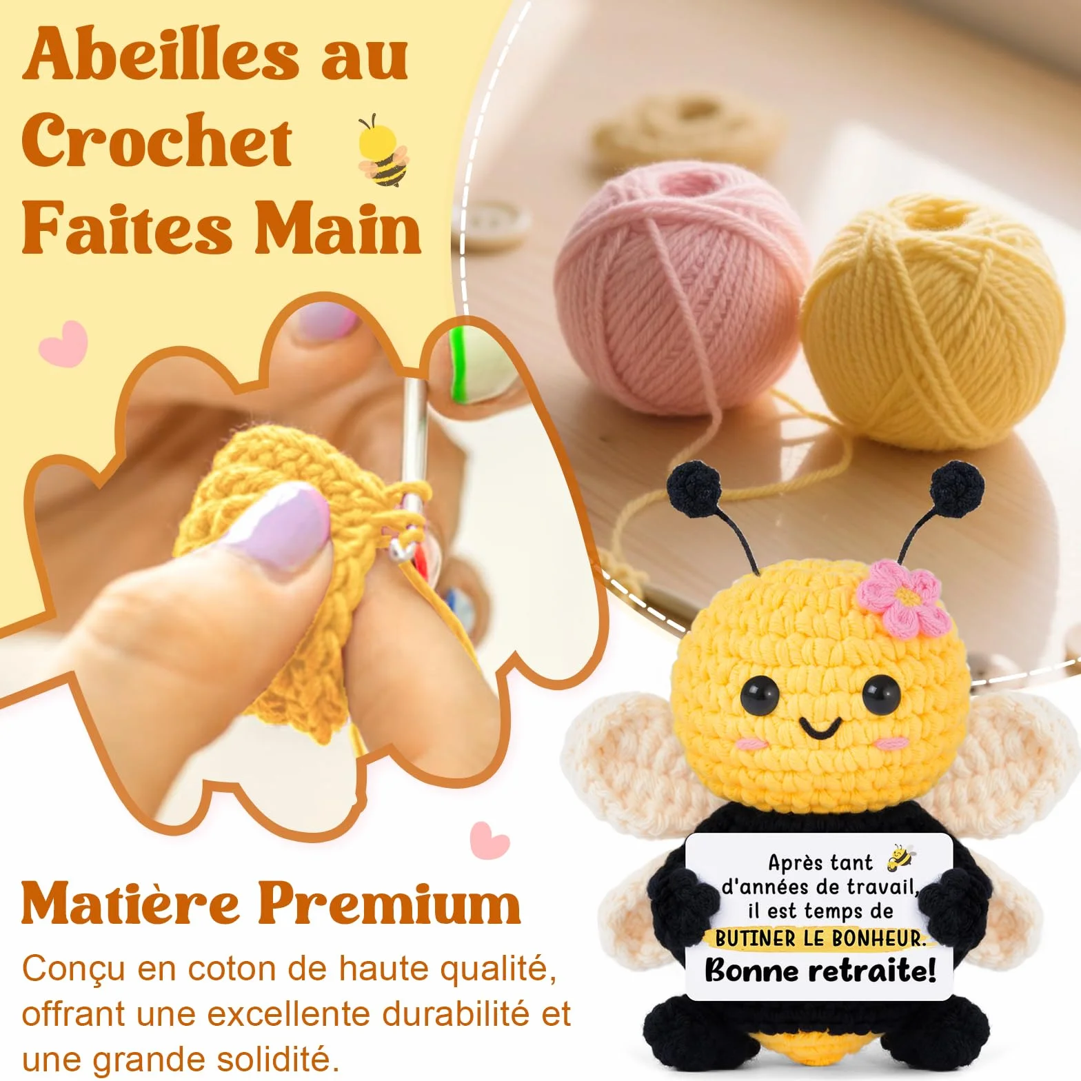 Gleevara Cadeau Retraite Femme Homme, Abeille Mignonne au Crochet Faite Main - Décoration Bureau Maison