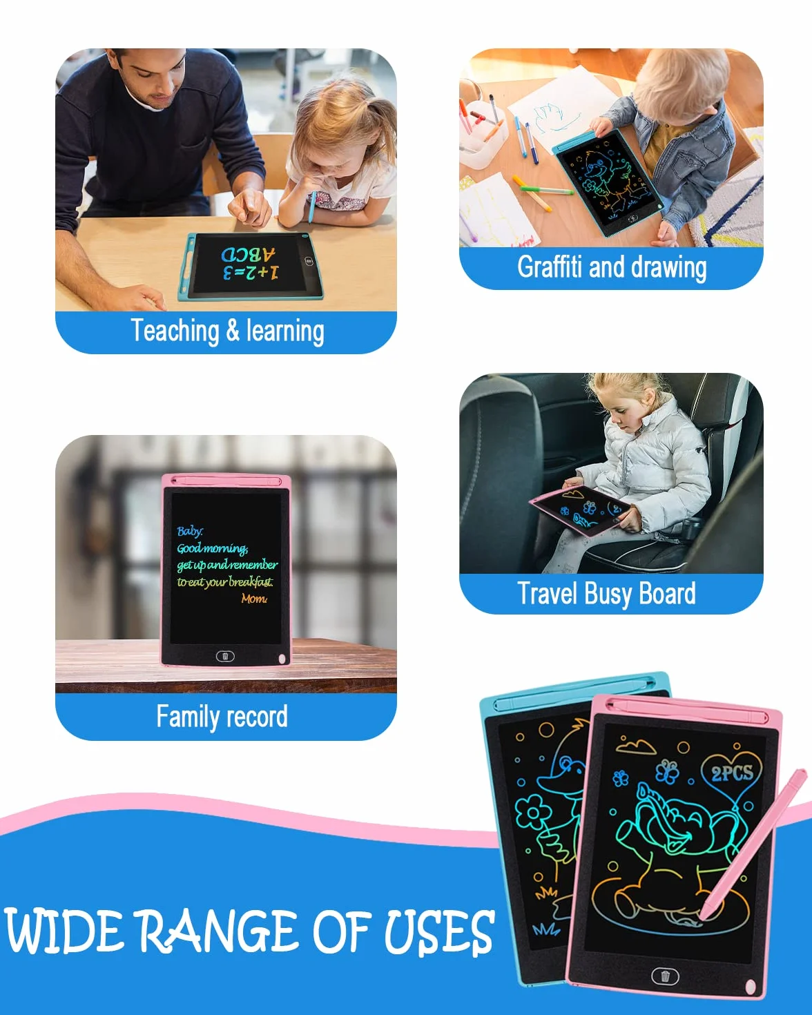 Carehabi 2 Pièces Tablette d'écriture LCD 8,5 Pouces Coloré Effaçable réutilisable Jouet Educatif Filles Garçons