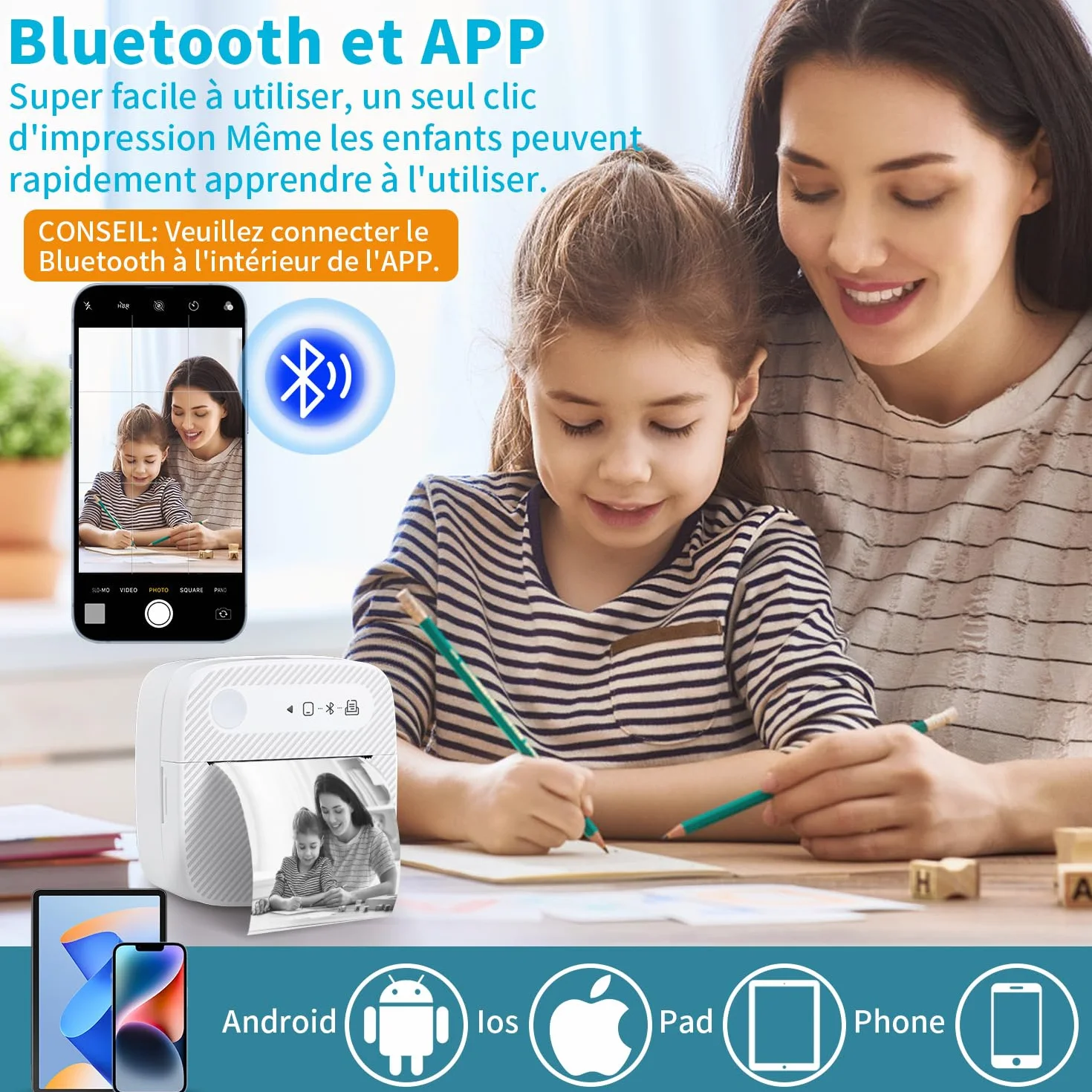 JESWO Mini Imprimante Thermique Bluetooth Portable avec 4 Rouleaux Papier 3 Rouleaux Étiquettes iOS Android