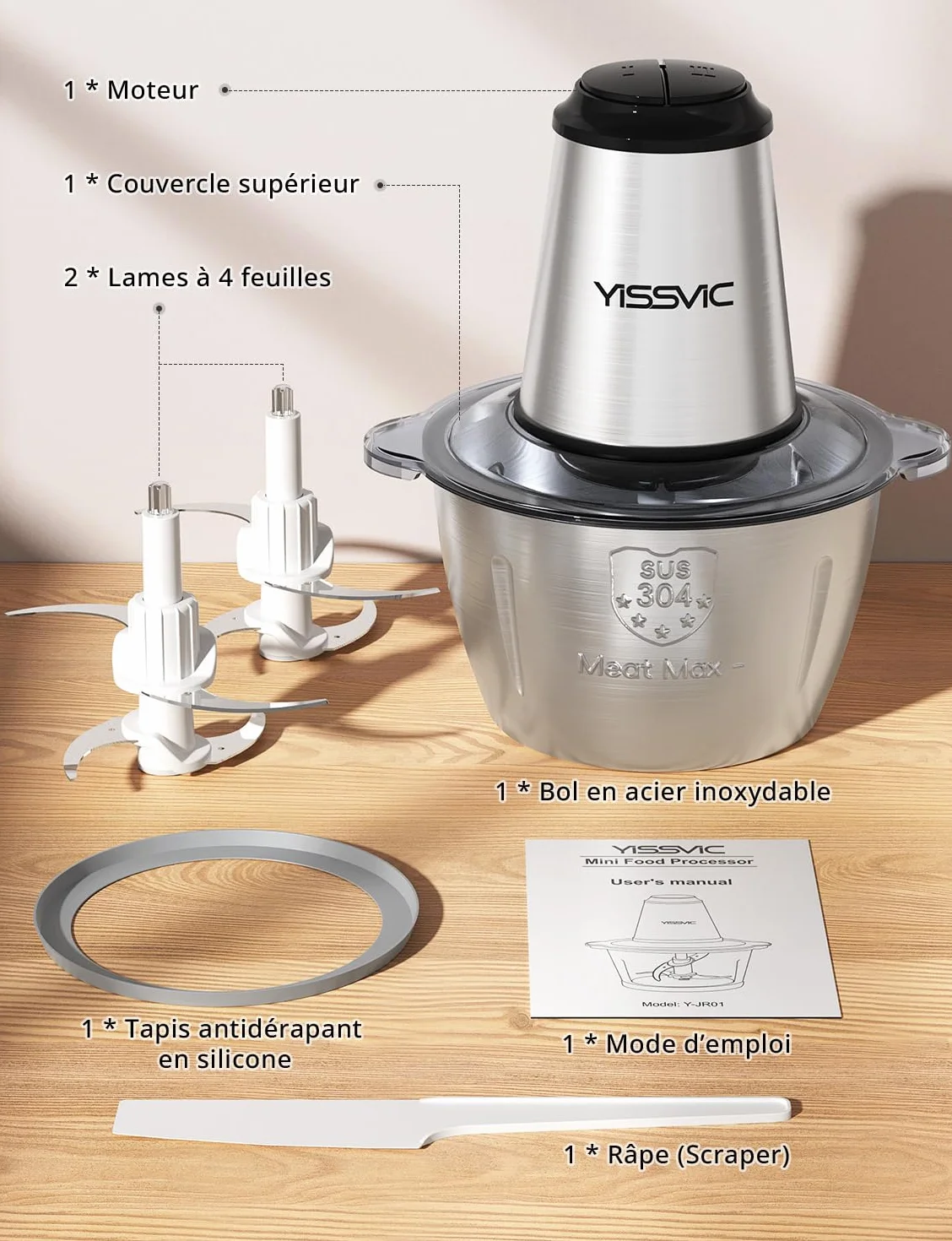 YISSVIC Hachoir Électrique 500W Mixeur Hachoir avec 2x4 Lames Bol Acier 2L Anneau Antidérapant 2 Vitesses Réglable Compatible Lave-Vaisselle Convient aux Fruits, Légumes, Viandes et Épices