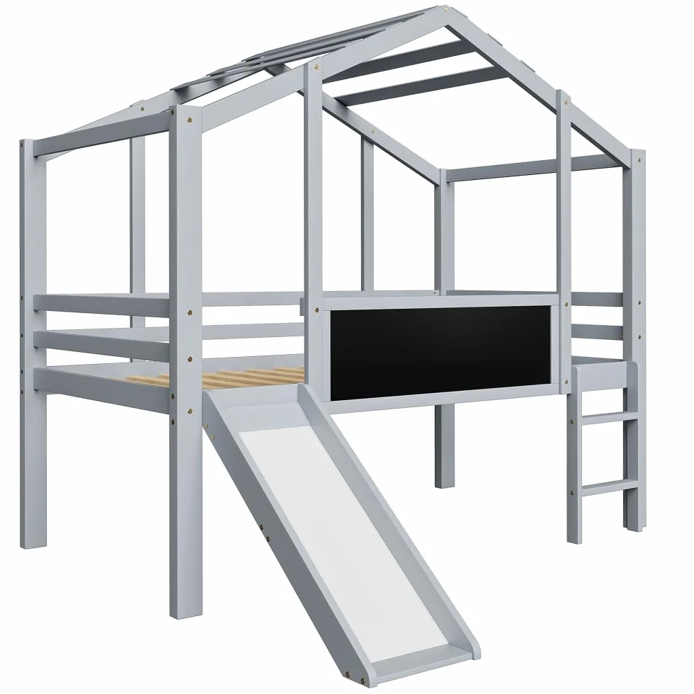 Lit cabane enfants 90x200,lit enfant cabane avec toboggan,panneau graffiti,lit superposé enfant 90x200 lit enfant mi hauteur en bois,cadre de lit mezzanine 1 place avec sommier à lattes (Gris)