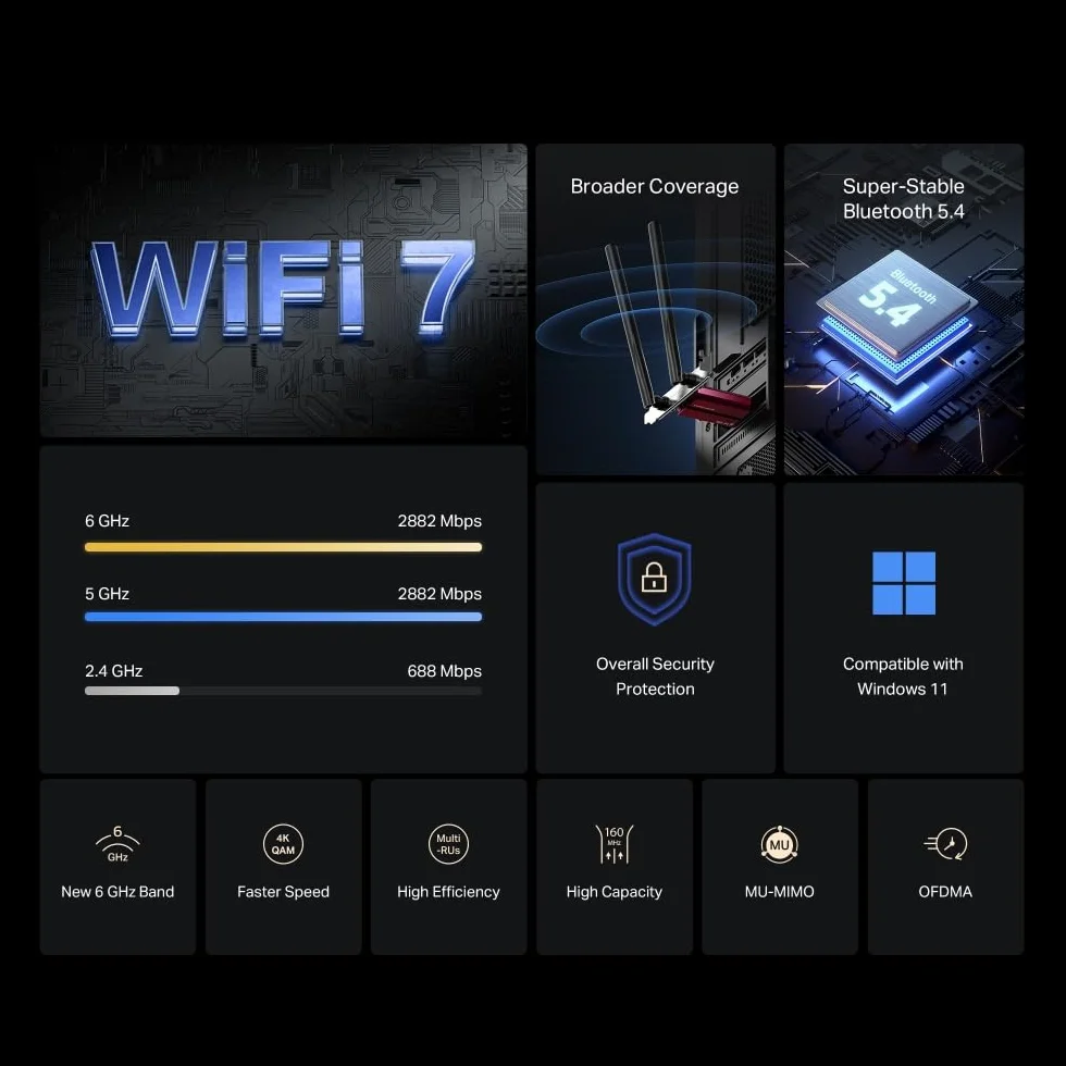 Mercusys Adapter TP-Link MA37BE PCIe BE6500Mbps Wi-Fi 7 Bluetooth 5.4, WPA3, MU-MIMO, OFDMA, karta WiFi PC, prędkość Tri-Band, szerszy zasięg, obsługuje Windows 11