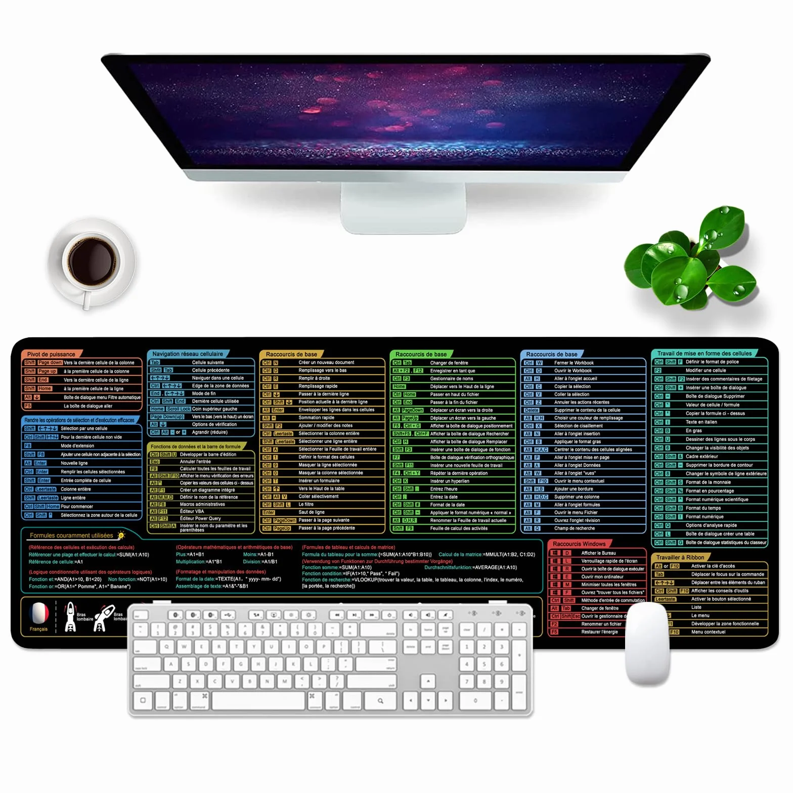 Excel Shortcuts Tapis de souris XL Grand tapis de souris de jeu Noir Sous-main Bureau