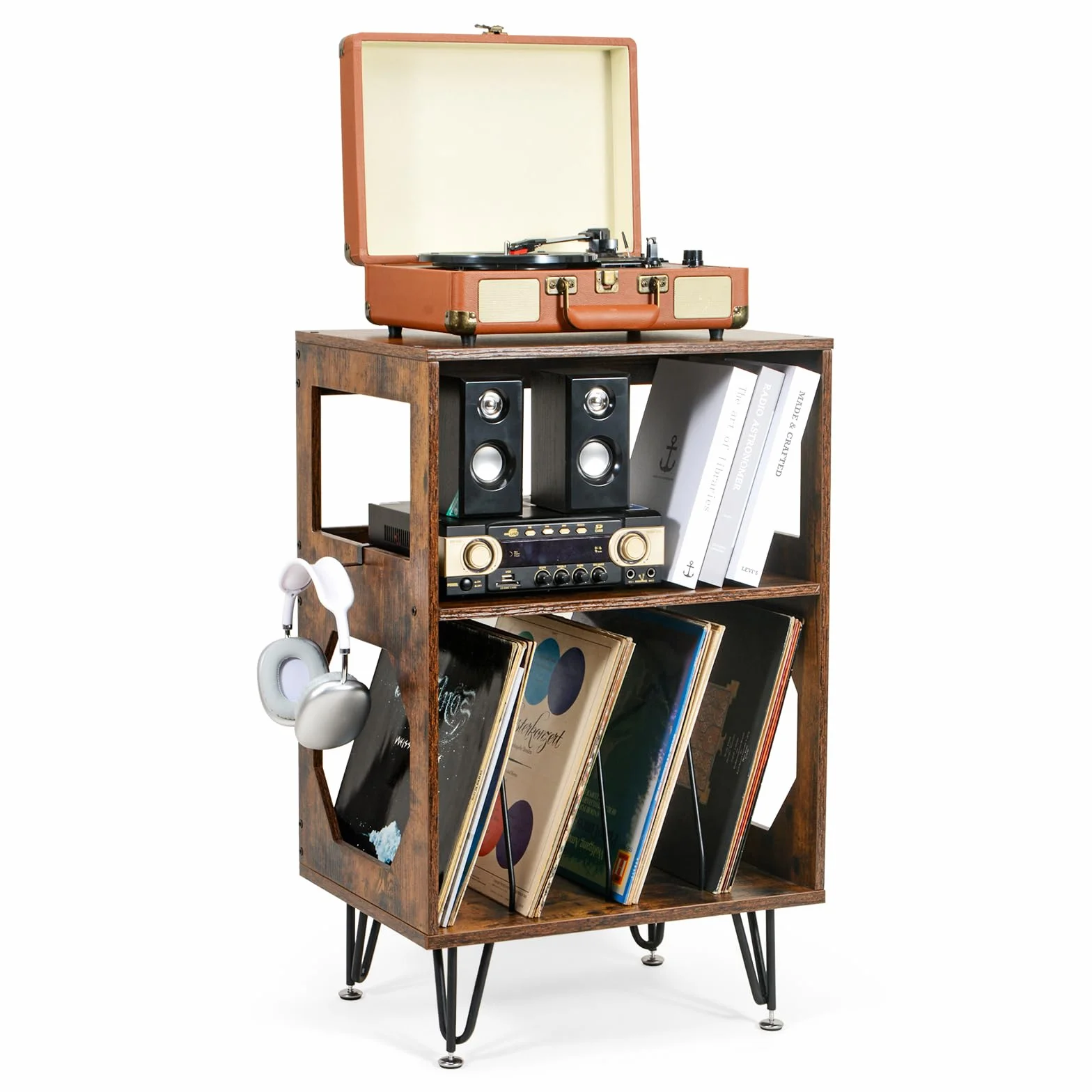 ikkle Table d’Appoint pour Tourne-Disque avec Rangement LP à 3 Niveaux, Support pour tourne-disque en bois marron Meuble Platine Vinyle, Support pour 160 Albums,Étagère de Rangement Disques pour Salon