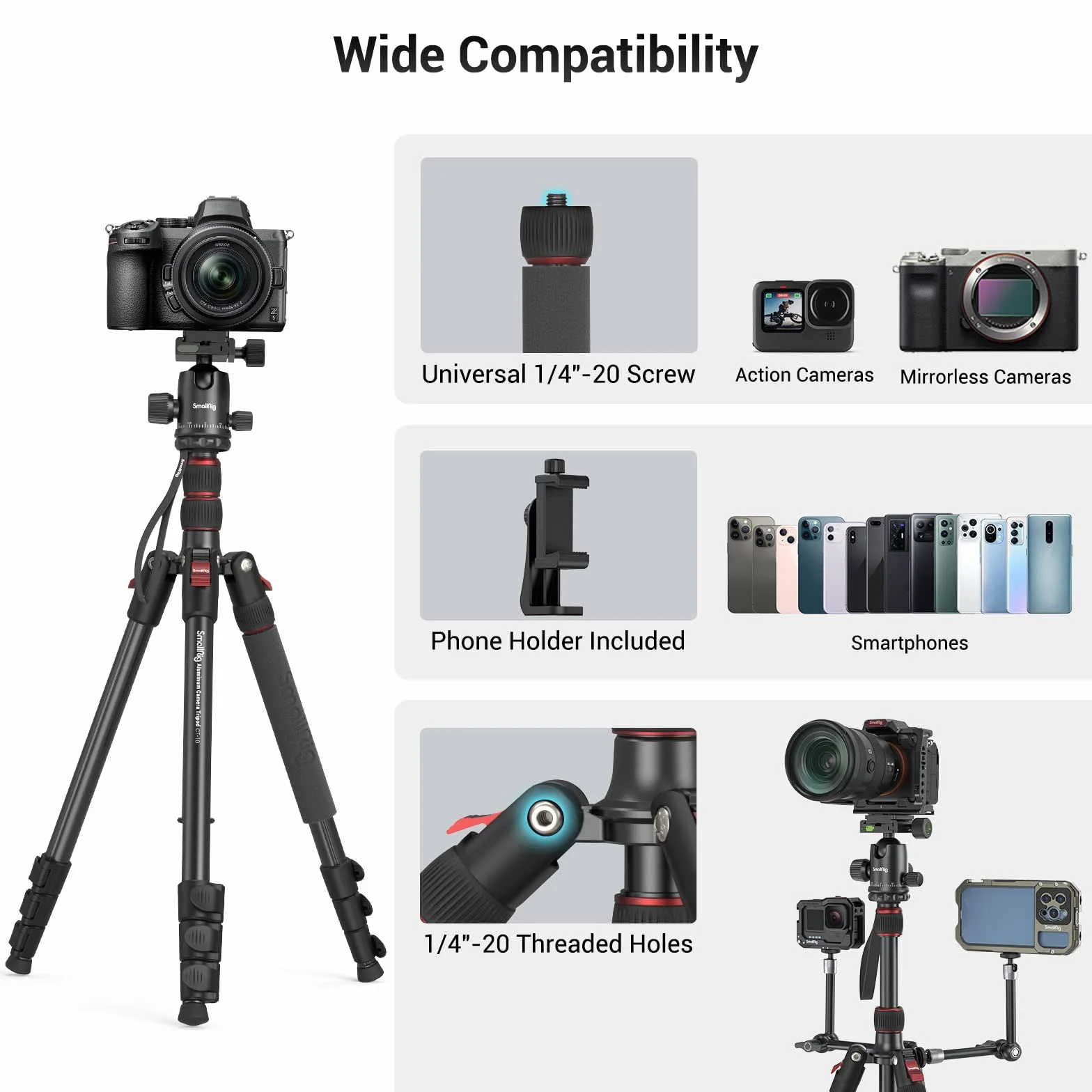 SMALLRIG 71" statyw fotograficzny, składany aluminiowy statyw, zdejmowana głowica kulowa 360° i płytka szybkiego zwalniania, z zaciskiem do smartfona, ładowność 15 kg 33lb, 71in/180cm - 3935