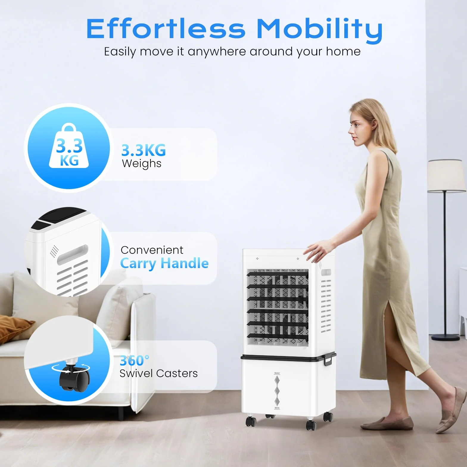 Climatiseur Mobile Silencieux Sans Évacuation 12L Rafraichisseur d'air, 45W, 6 Vitesses, 24H Minuterie, 3 Modes, Oscillation 60°/120°