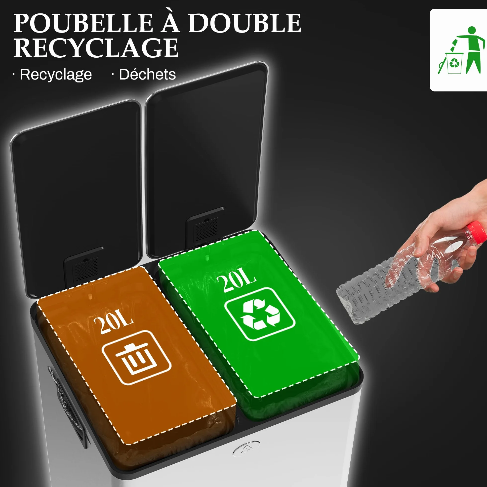 HOMCOM Poubelle à Double Compartiment 2x20L, Acier Inoxydable, Pédale, Couvercle Doux, Argent