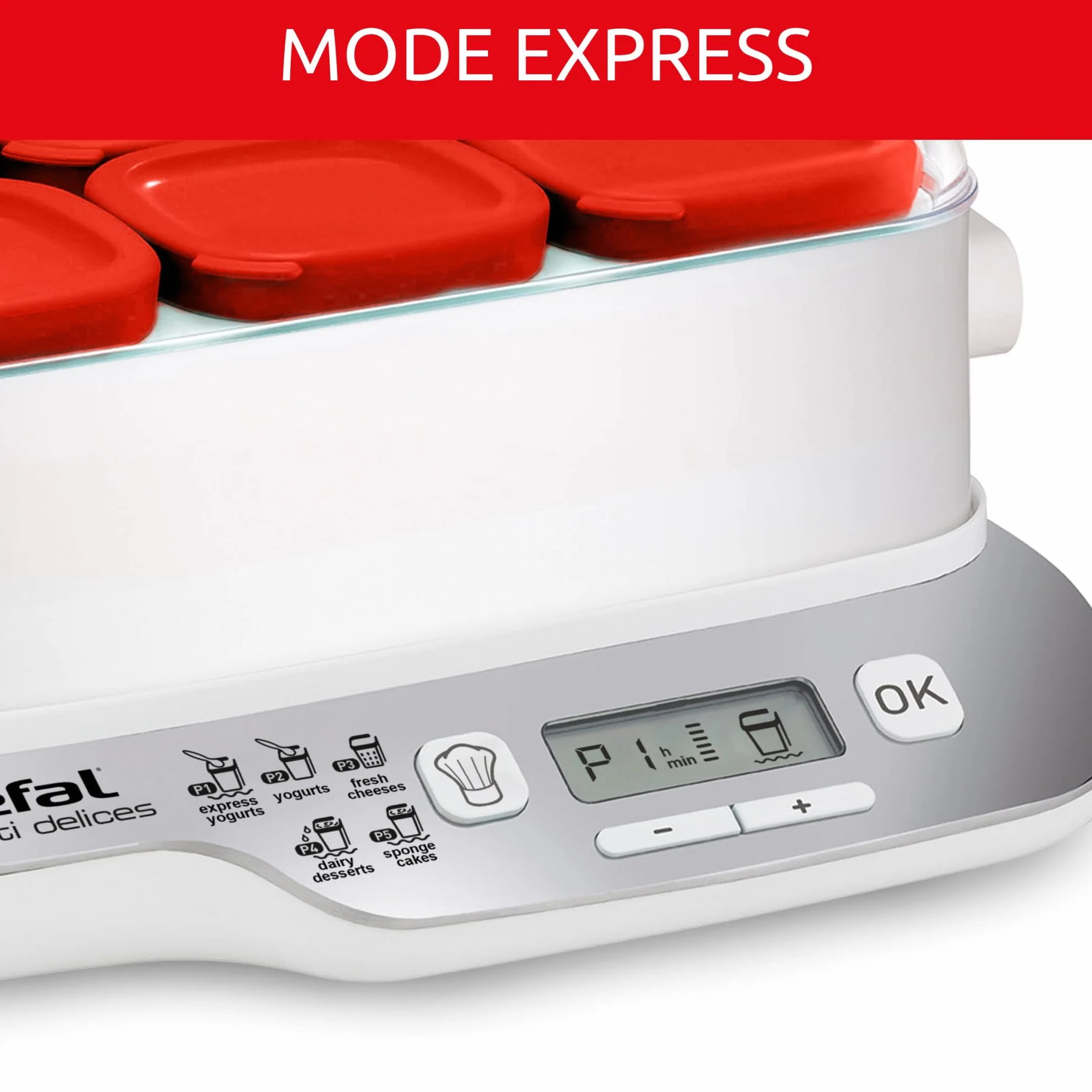 Tefal Multi Delices Express, Yaourtière, 6 Pots, Rouge, Yaourt Maison, 5 Programmes automatiques, desserts lactés, fromages blancs et desserts moelleux, Pots de 140ml, 100% sans BPA, YY5425FB