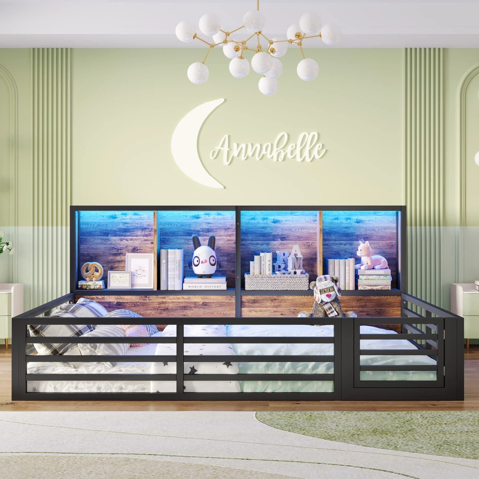 Lit Au Sol 140x200cm en Métal,Lit 2 Personnes Montessori avec Éclairage LED Réglable,Compartiment de Rangement,Porte,Barrières Hautes,pour Garçons Filles(Noir)