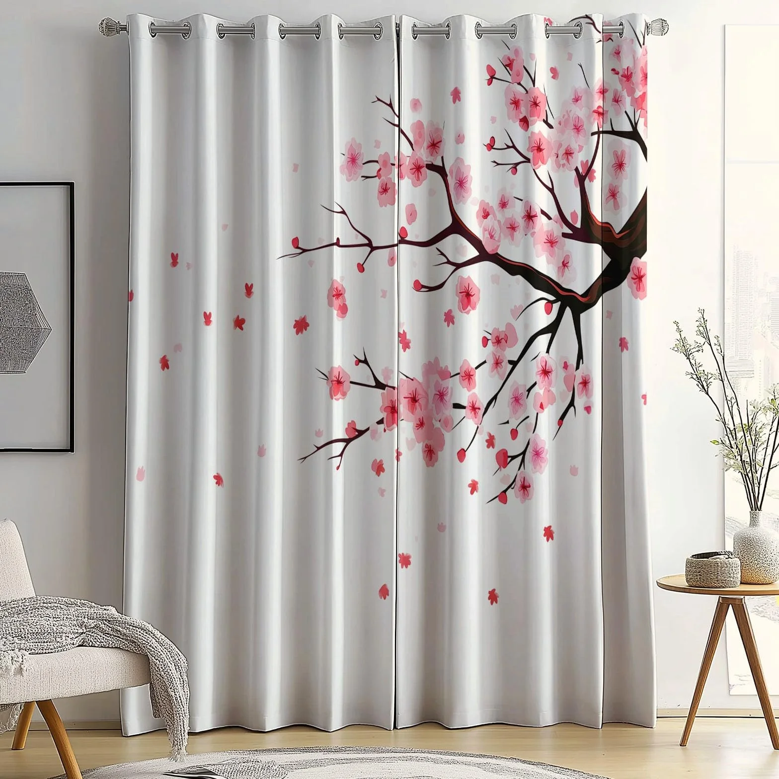 Rideaux Opaques 70L x 240H cm 2 Panneaux Design Fleurs de Cerisier Isolante Anti-Chaleur Blanc Rose