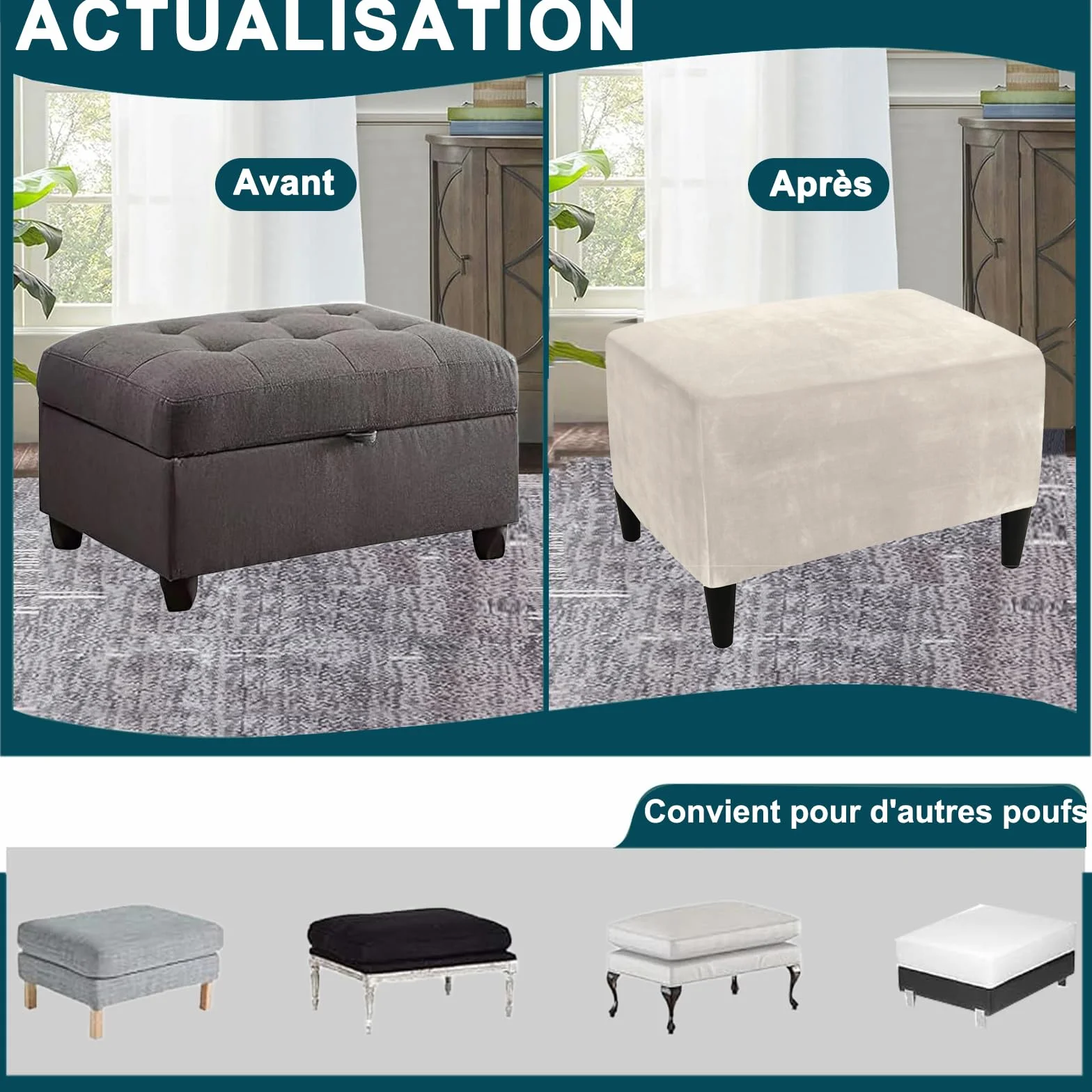 Housse Ottoman Rectangulaire Extensible Velours Repose-Pieds Amovible Antidérapant Blanc Crème