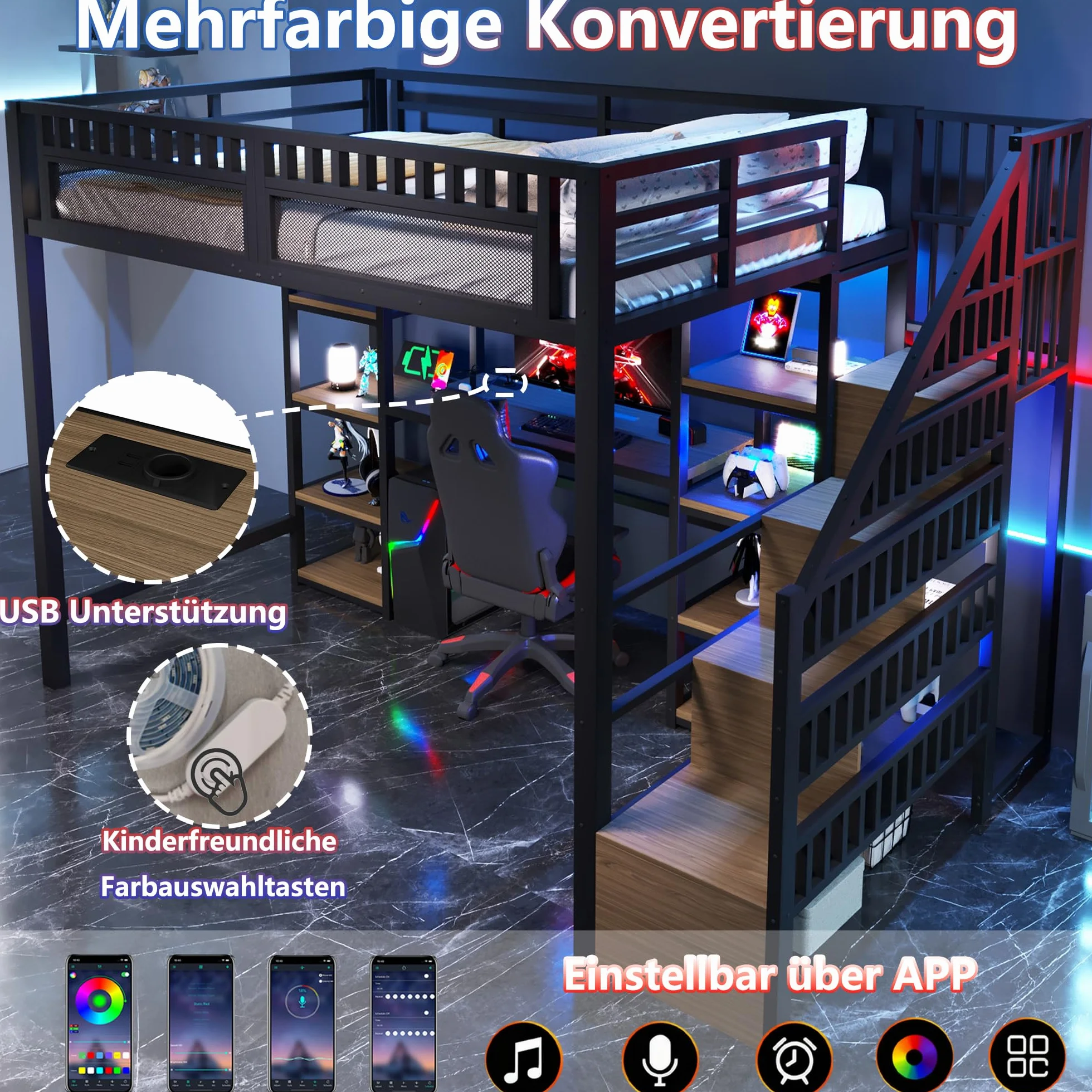 Sapgaks Lit Mezzanine Enfant en Fer 140x200 avec LED,Port USB, Bureau,Compartiment de Rangement,échelle de Rangement,lit superposé avec Garde-Corps,Cadre de lit Mezzanine 2 Place (A-Noir, 140x200)