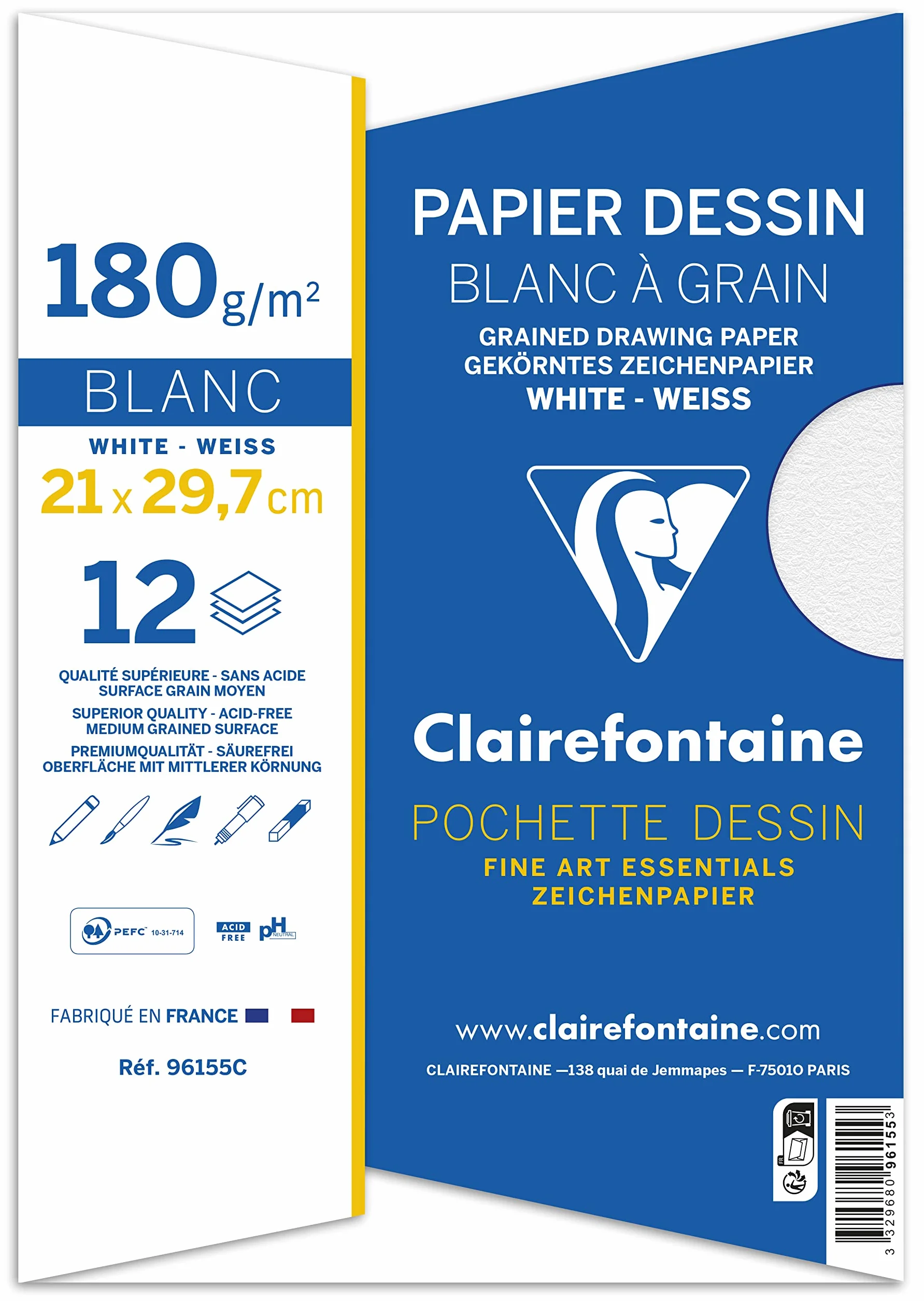 Clairefontaine Lot de 2 Pochette Dessin Scolaire 12 Feuilles Papier Dessin Blanc à Grain A4 21x29,7 cm 180g