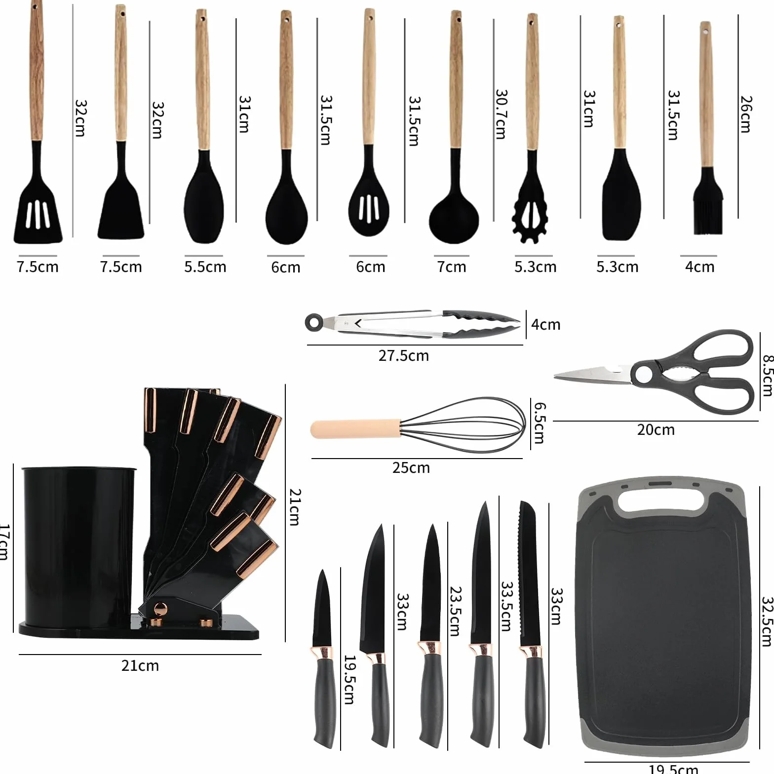 Lot de 19 couteaux de cuisine en silicone avec 12 ustensiles de cuisine, 5 couteaux, planche à découper et support, passe au lave-vaisselle
