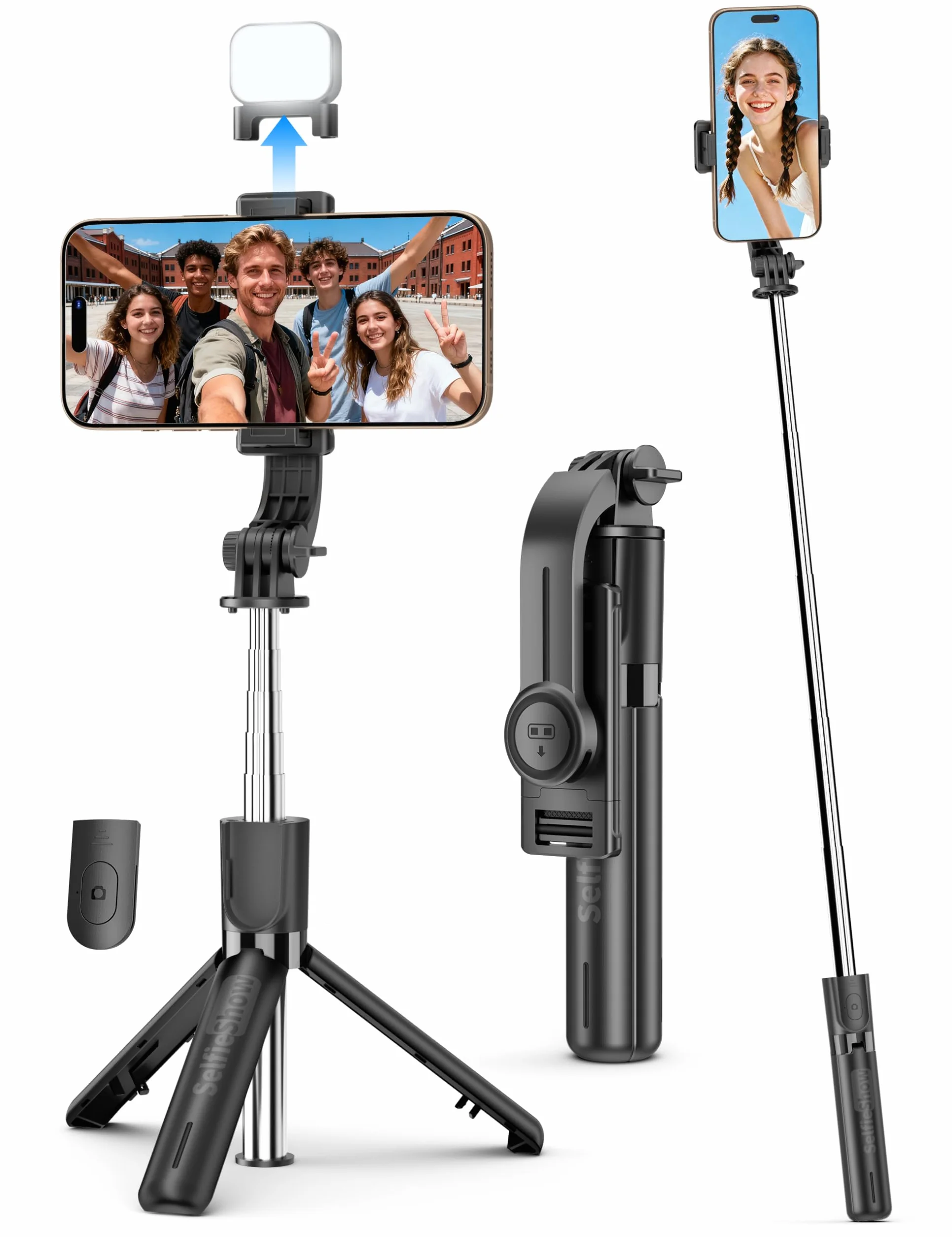 Mini statyw podróżny do selfie z lampką, wysuwany kij do selfie z odłączanym pilotem, statyw do iPhone'a do nagrywania filmów, fotografowania, kompatybilny z telefonami komórkowymi