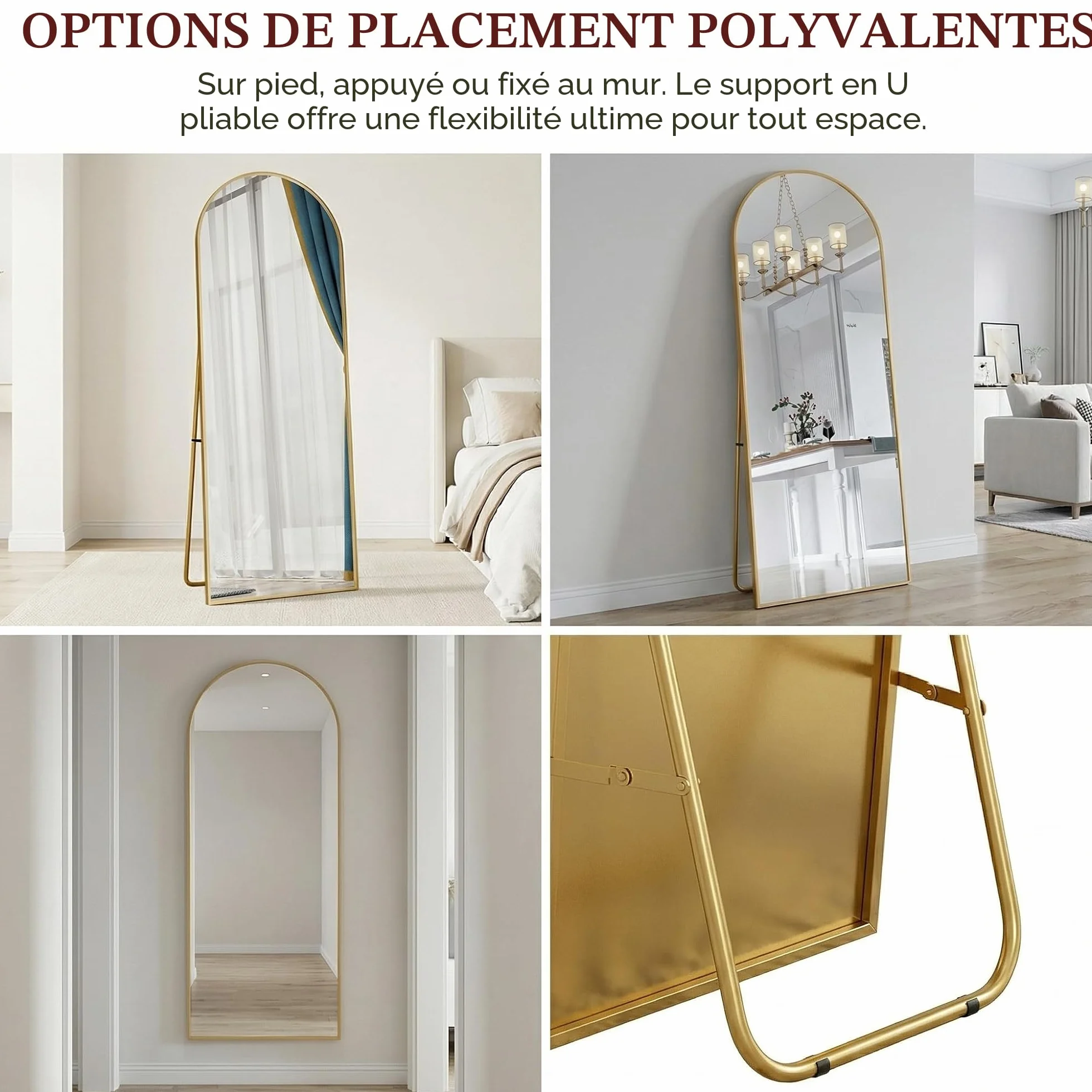 Miroir complet cadre aluminium doré 162 x 53 cm suspendre mur poser coins arrondis