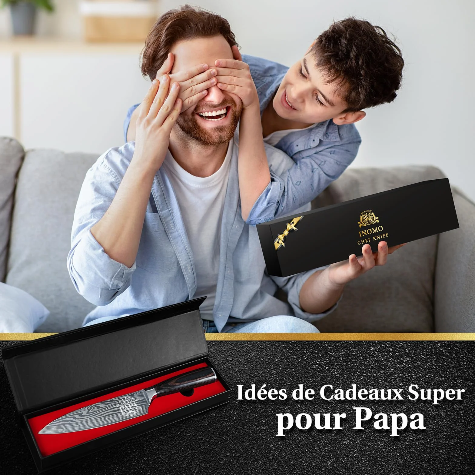 INOMO Couteau Chef Personnalisé Fête des Pères, Couteau de Cuisine Inoxydable Manche Ergonomique