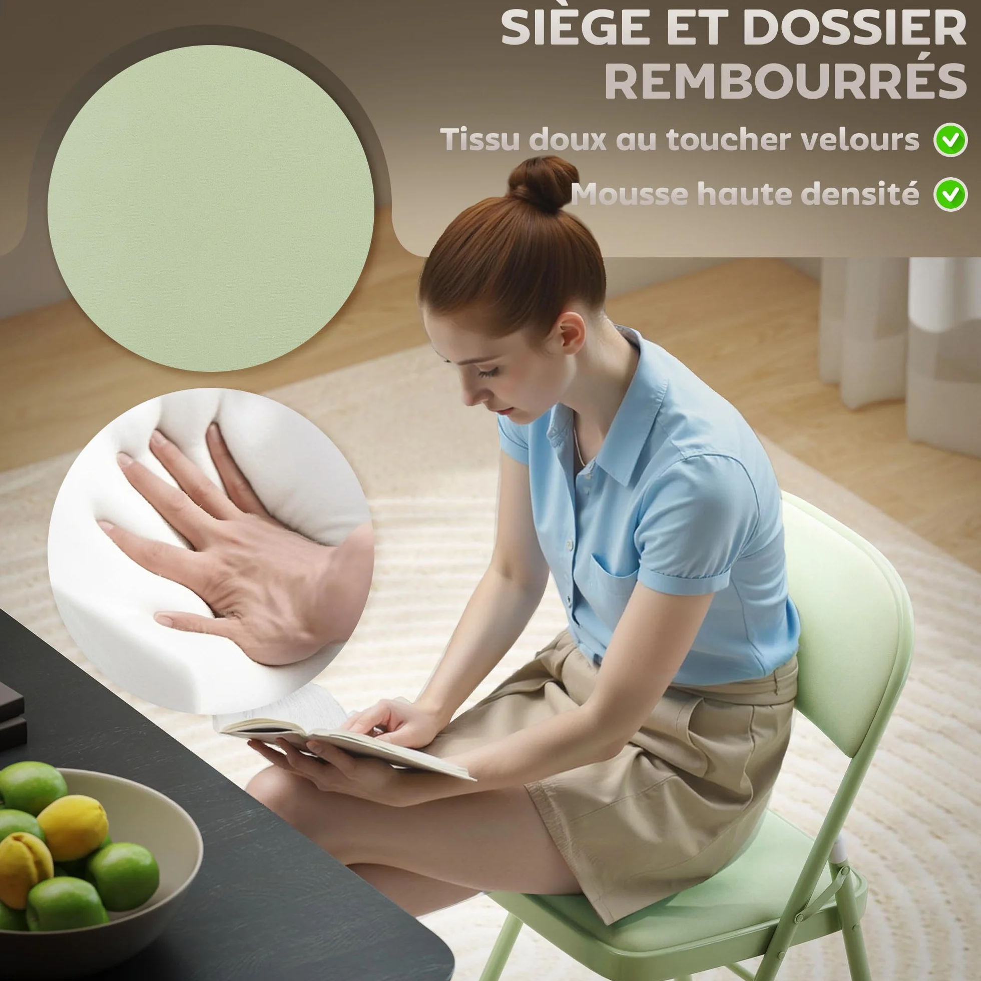 HOMCOM Lot de 4 chaises Pliantes chaises de Salle à Manger Portables intérieur avec assises et dossiers rembourrés en Velours et Cadre en Acier, Charge jusqu'à 120kg, Vert