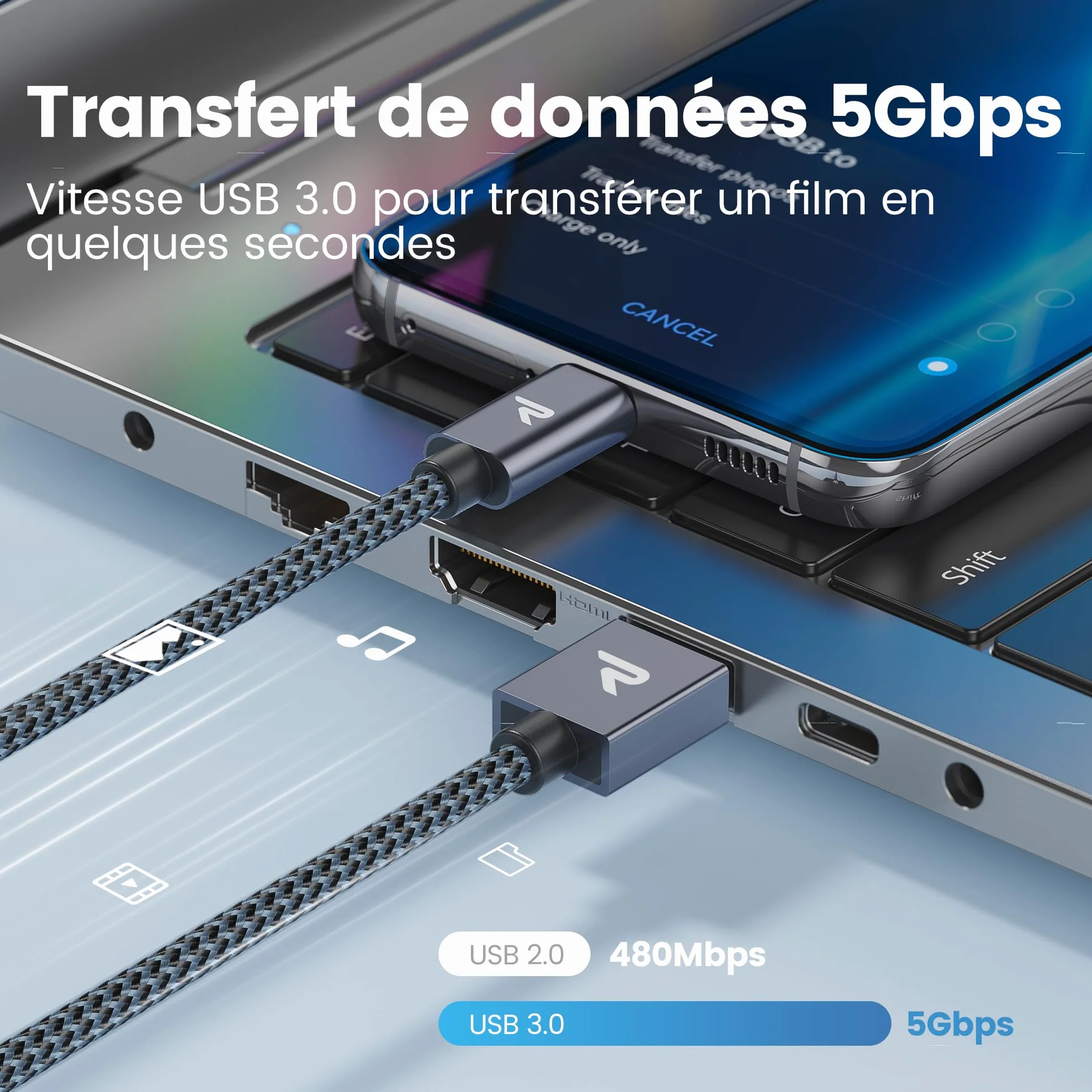 RAMPOW Cable USB C Charge Rapide 3A USB3.0 QC3.0 Nylon Tressé Compatible iPhone 17 Pro Max Air 16/15 Samsung S22 S21 S20 S10 Xiaomi Sony Gris Sidéral 1M
