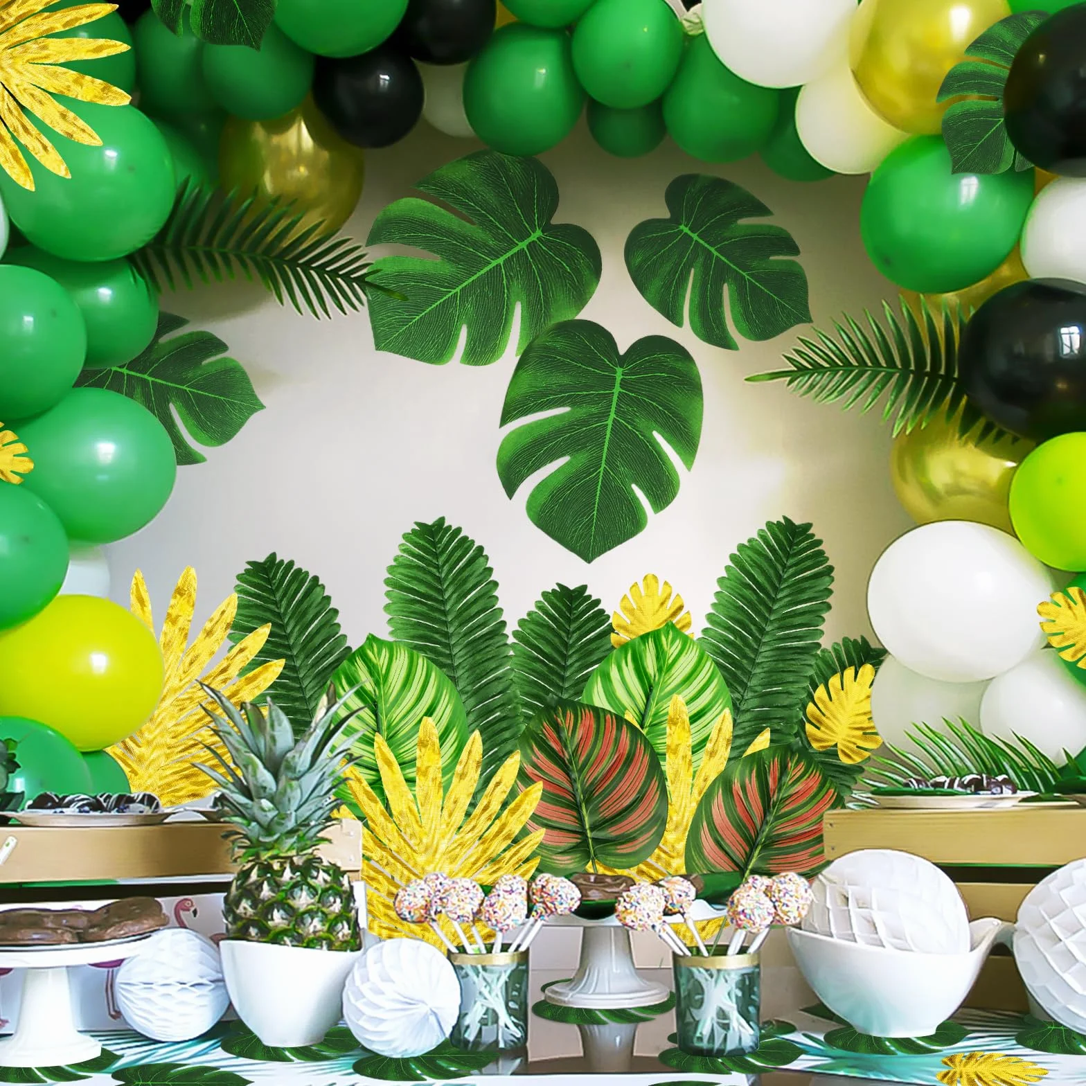 QUOZUO 50 Pièces Feuilles Tropicales Artificielles Palmier Monstera Plantes Tropicales Décorations Vert Or