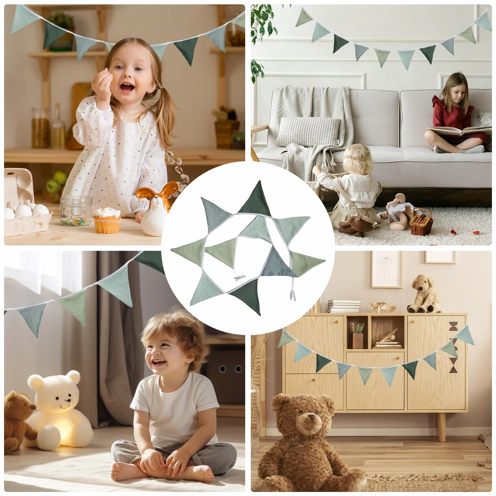 Guirlande de Fanions Vert Clair en Coton pour Chambre d'Enfant, Lit Bébé Garçon