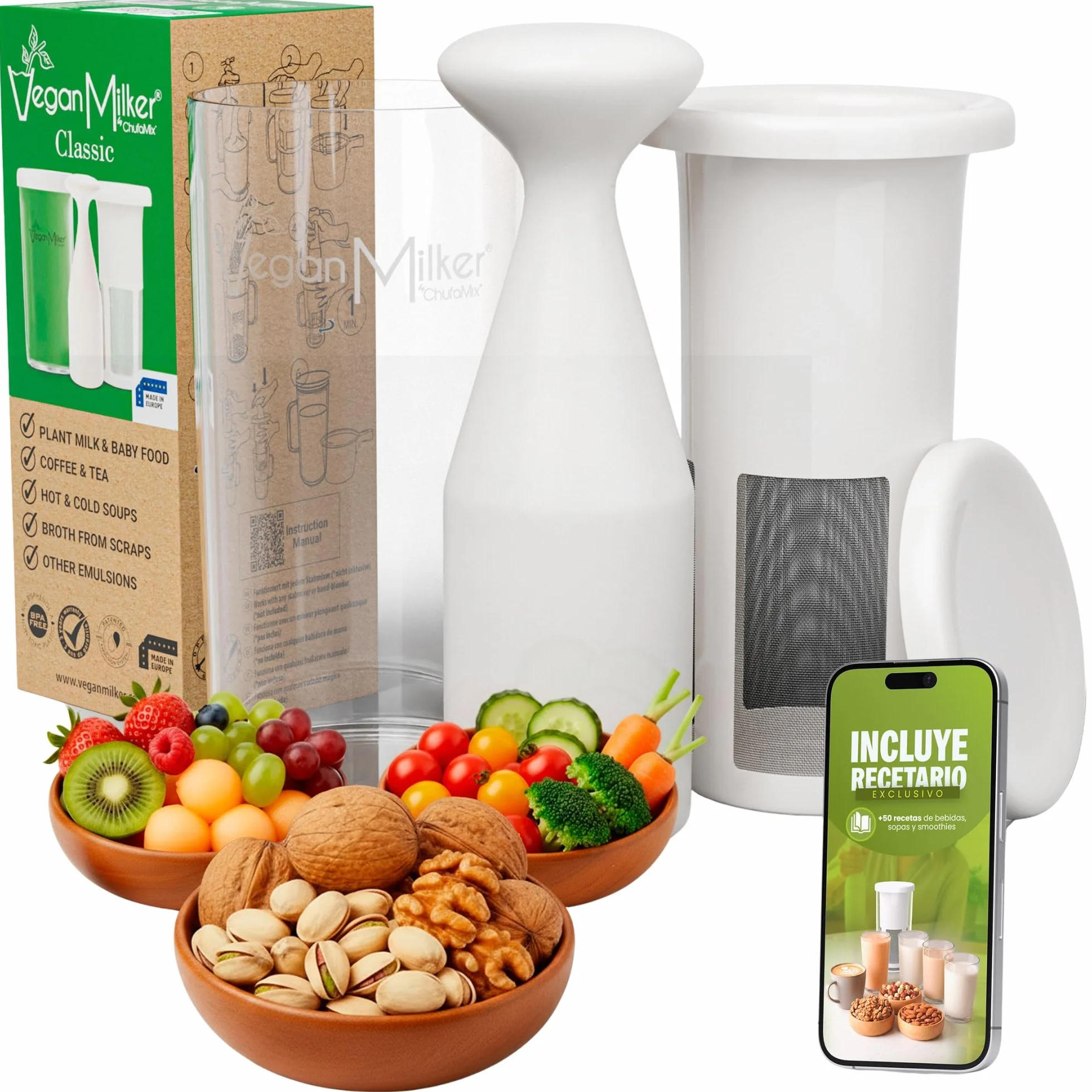 Vegan Milker Filtre Passoire Multifonction – Machine à Lait Végétal Maison Avoine, Amande, Soja | 1L en 1 Minute 100% Naturel avec Filtre | Compatible Mixeur | Ebook Recettes Inclus | Classic Blanc
