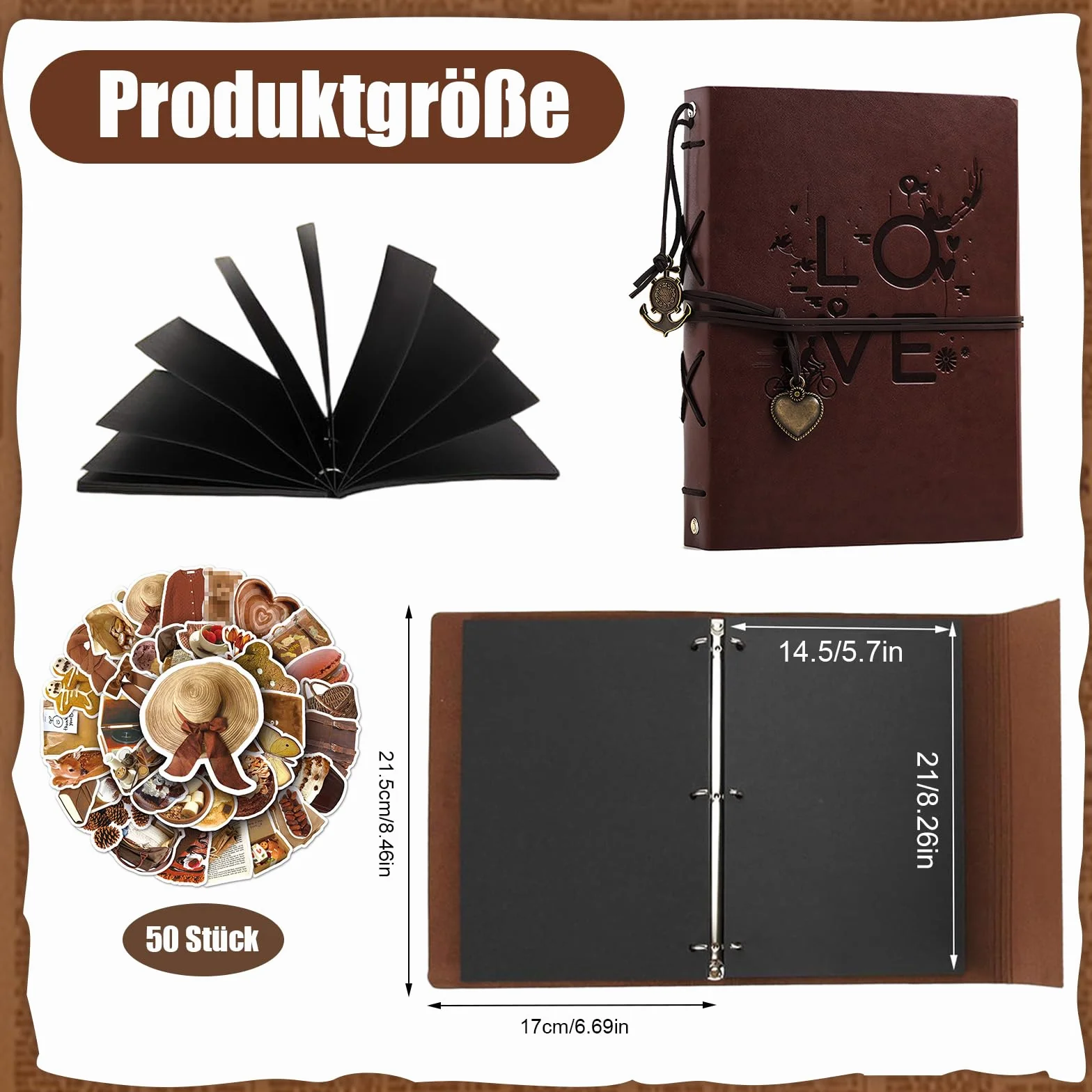 Vintage Album Photo en Cuir Rechargeable 60 Pages 240 Photos 21,5 x 17 cm