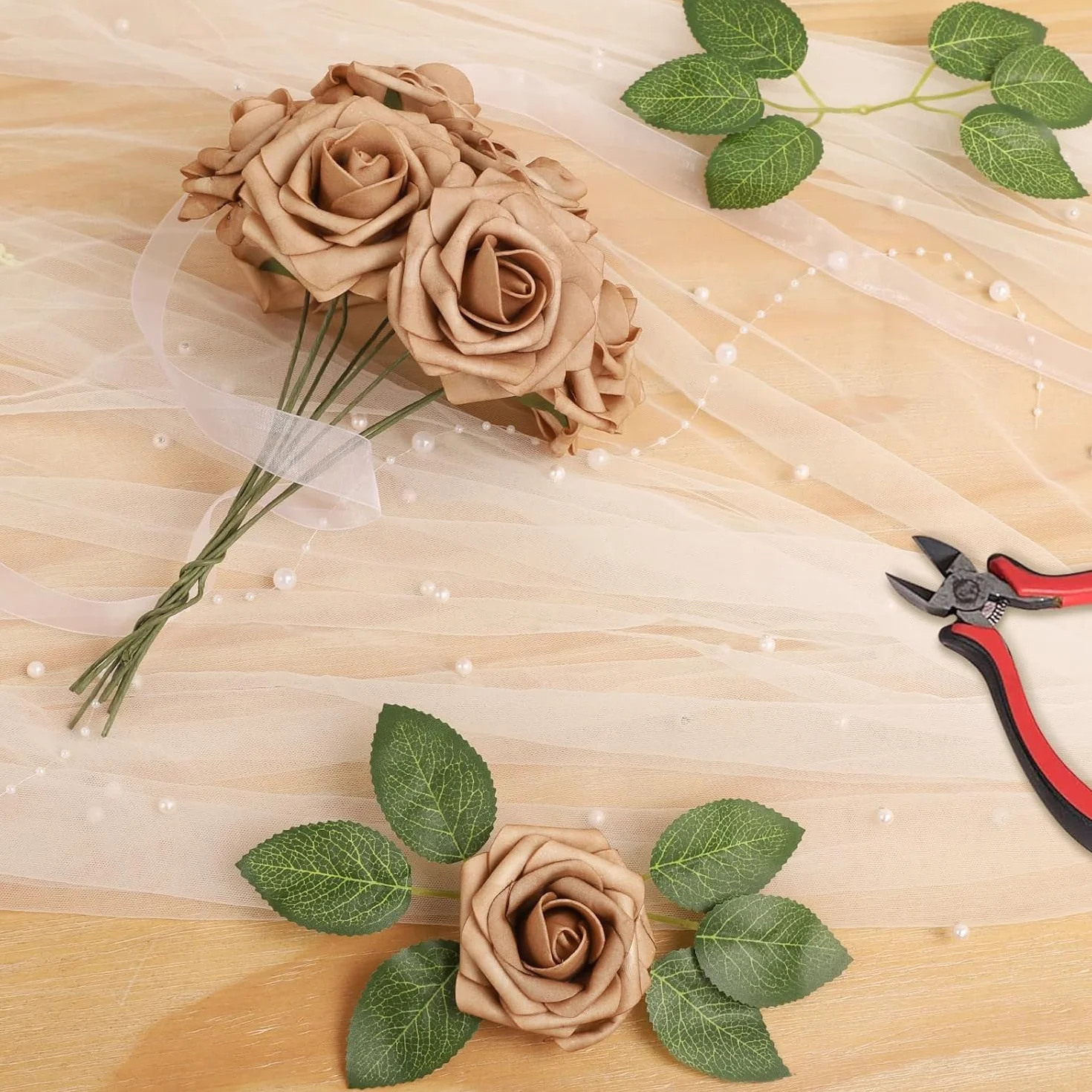 N&T NIETING Fleurs Artificielles Roses 25PCS Mousse Rose avec Feuille et Tige Ajustable Fausses Fleurs pour Décoration Mariage