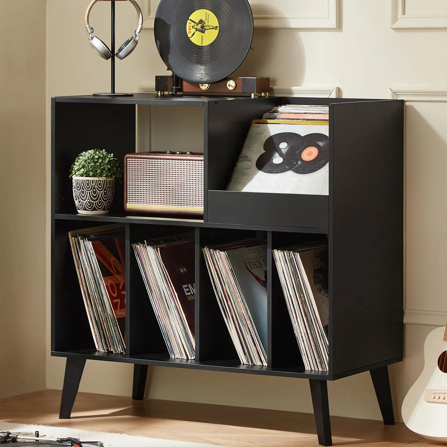 Großer Plattenständer mit Aufbewahrung,Plattenspieler-Ständer mit Ablage,Vinylplatten-Halterung mit Präsentationsfläche,Plattenständer für bis zu 300 Alben, Plattenregal für Musikzimmer und Wohnzimmer