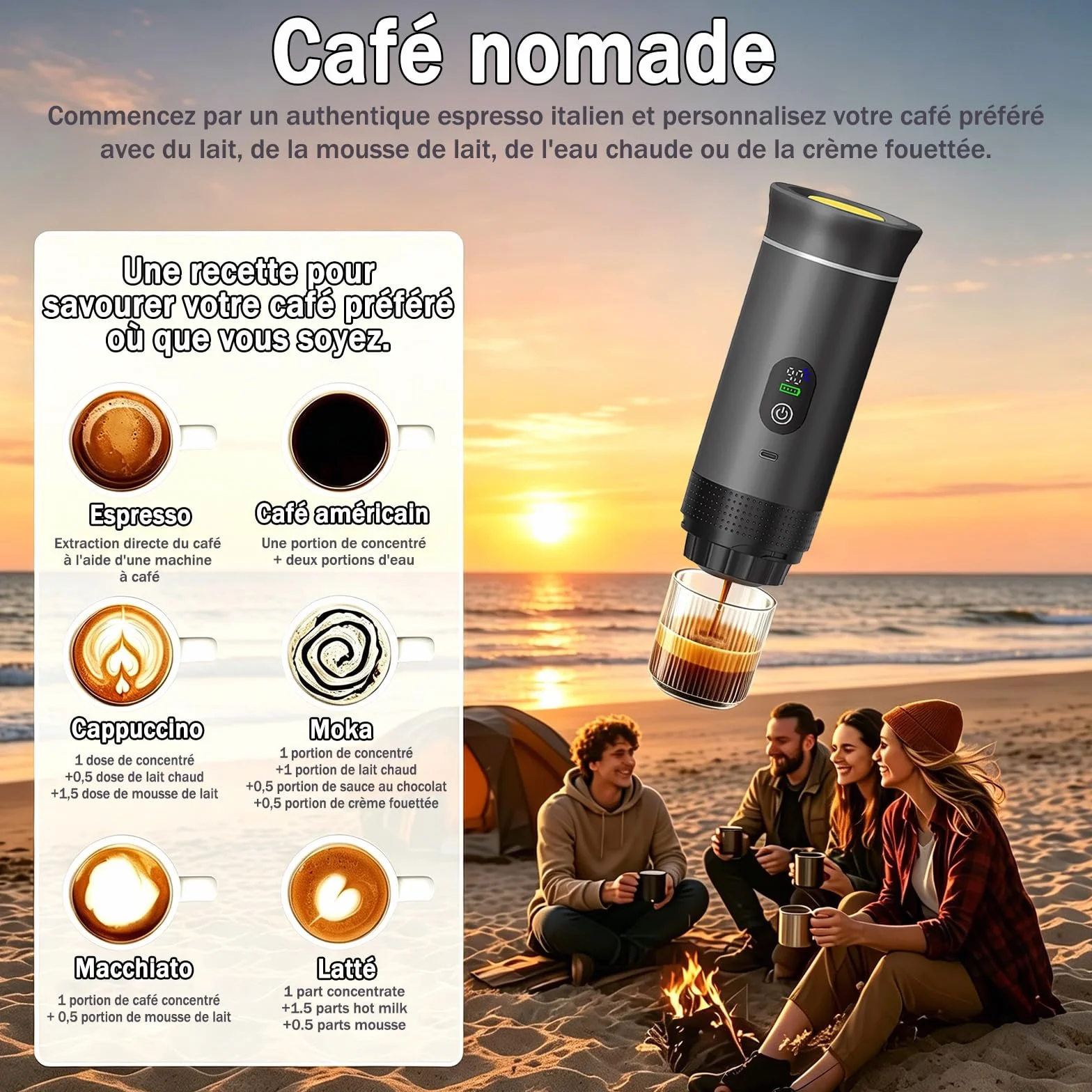 Machine à Cafe Portable,3 En 1 Cafetière à Expresso Chauffage Électrique,Rechargeable,Pour Camping et Voiture,Chauffage Rapide,compatible avec Capsules K-Cup et café moulu,Pour voyage