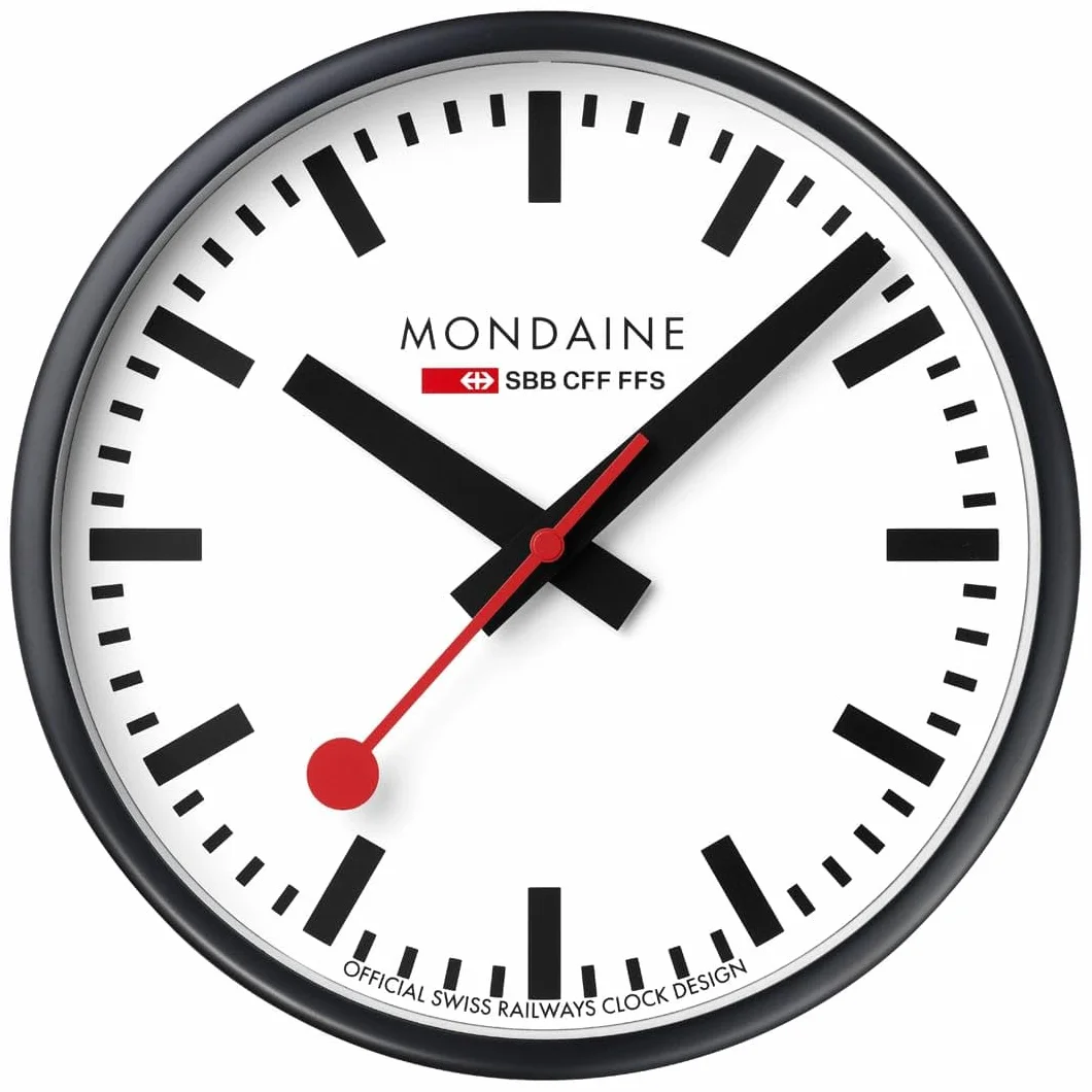 Mondaine Horloge de Gare Suisse Officielle 25 cm Quartz Aluminium Noir Verre minéral trempé